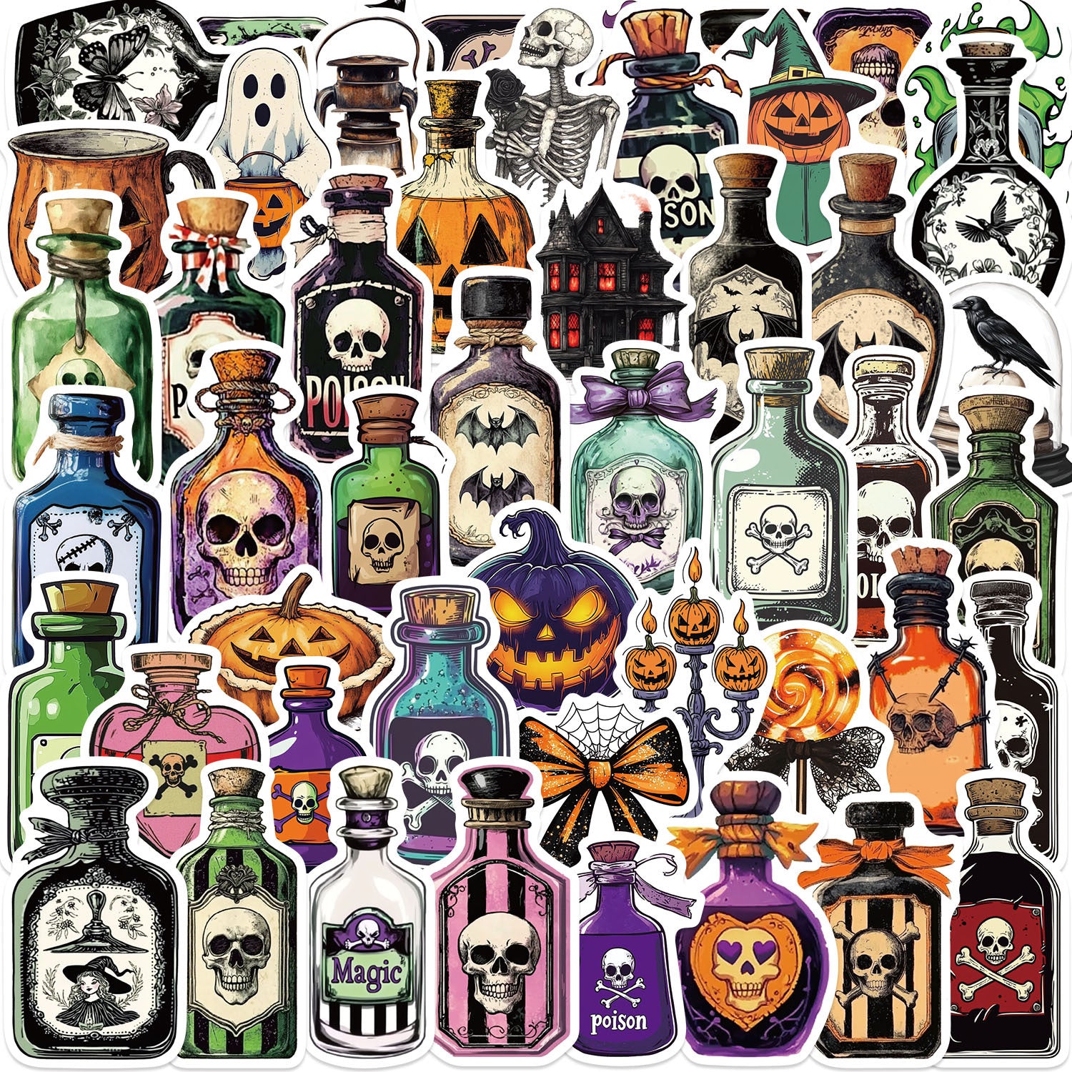0819 50 Halloween Potion Bottle Stickers solid with white border