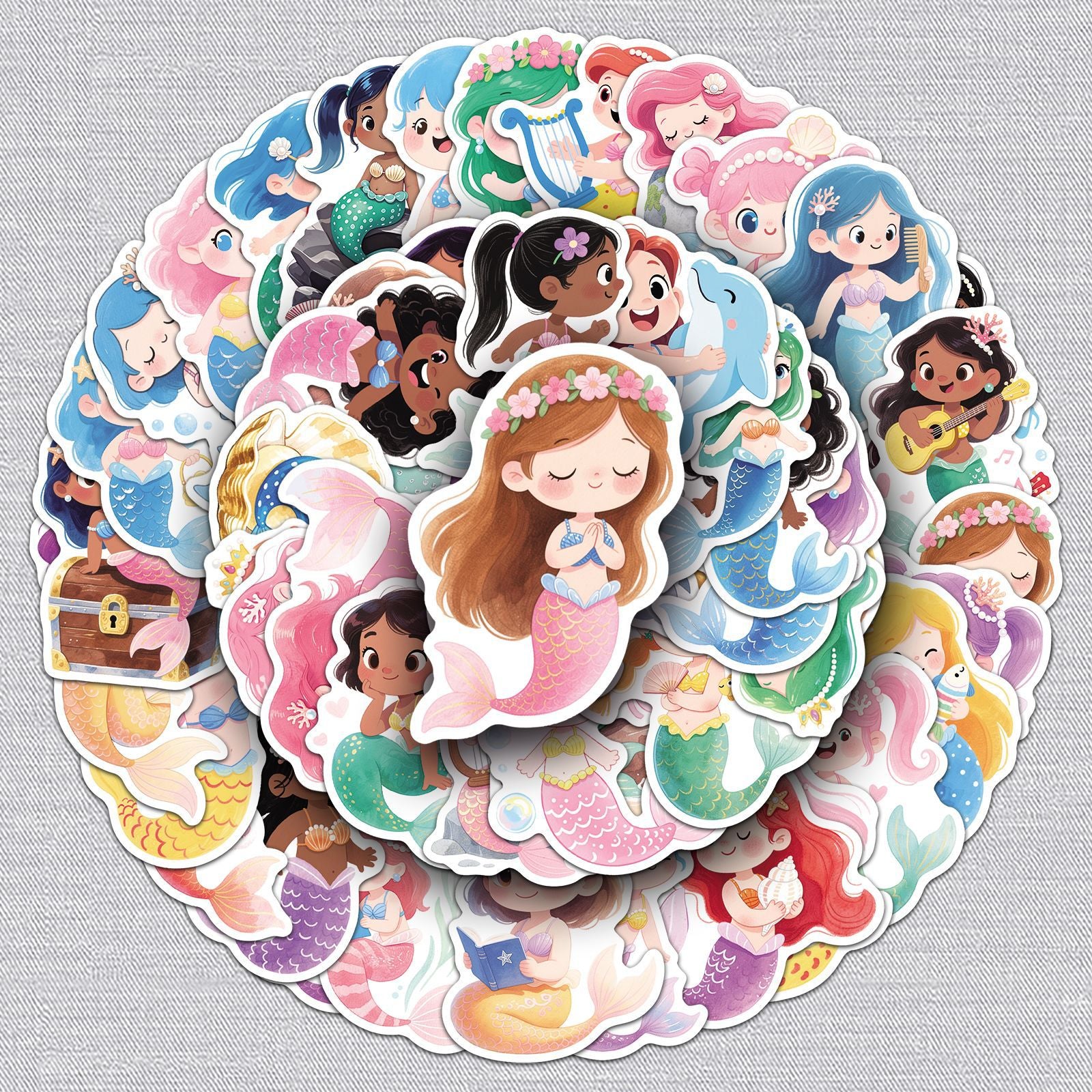 0723 50 Cartoon Mermaid Stickers solid with white border