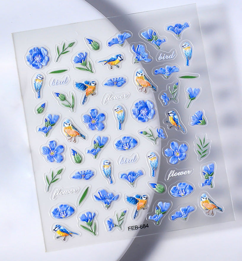 0926 M234- Blue flowers and birds Embossed Mini sticker 1 Pcs
