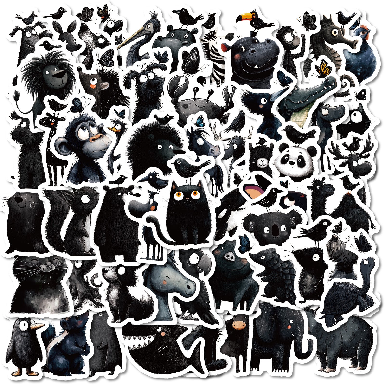 0929 56 Black and white animals stickers solid with white border