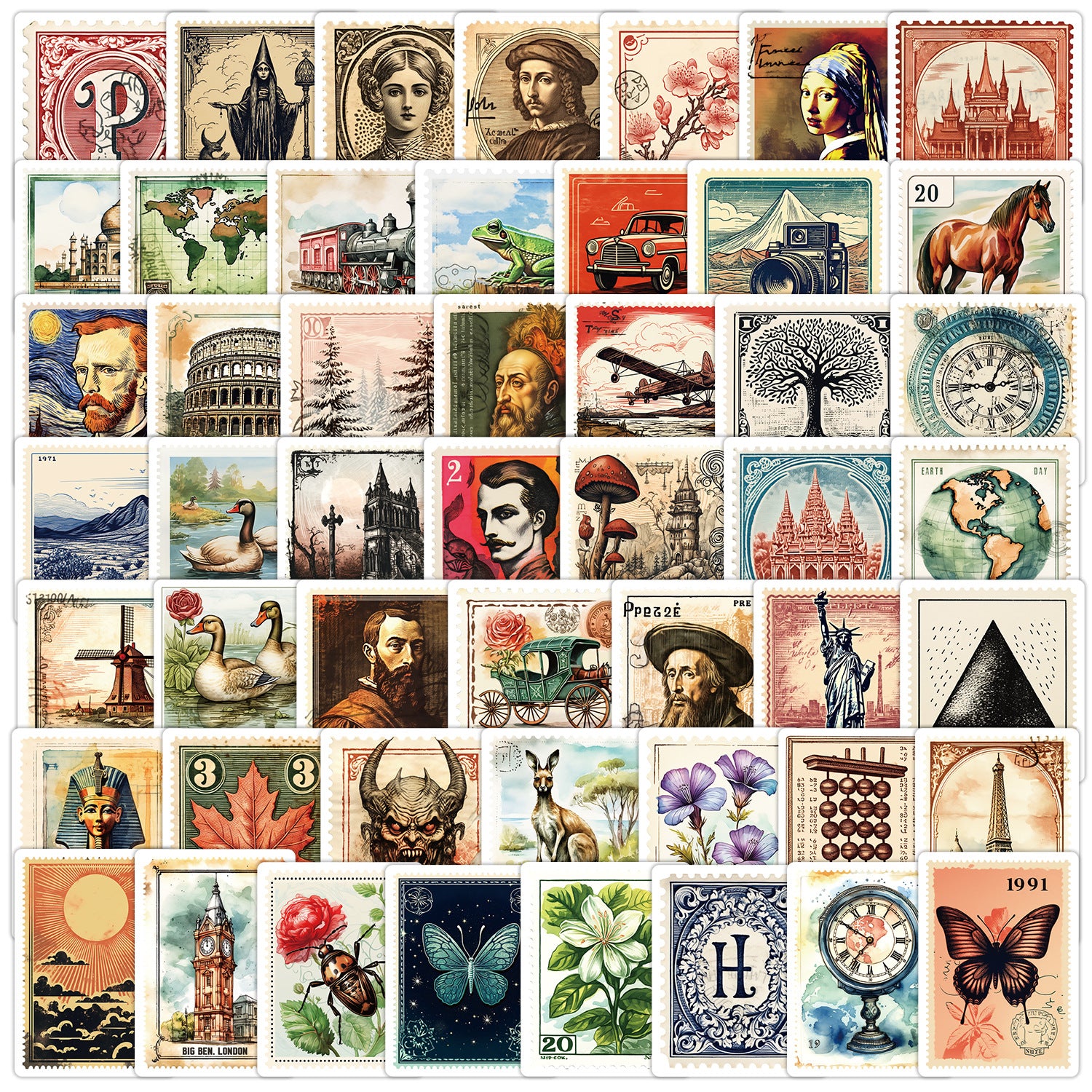 0221 Vintage Stamp solid sticker with white border -50Pcs each pack