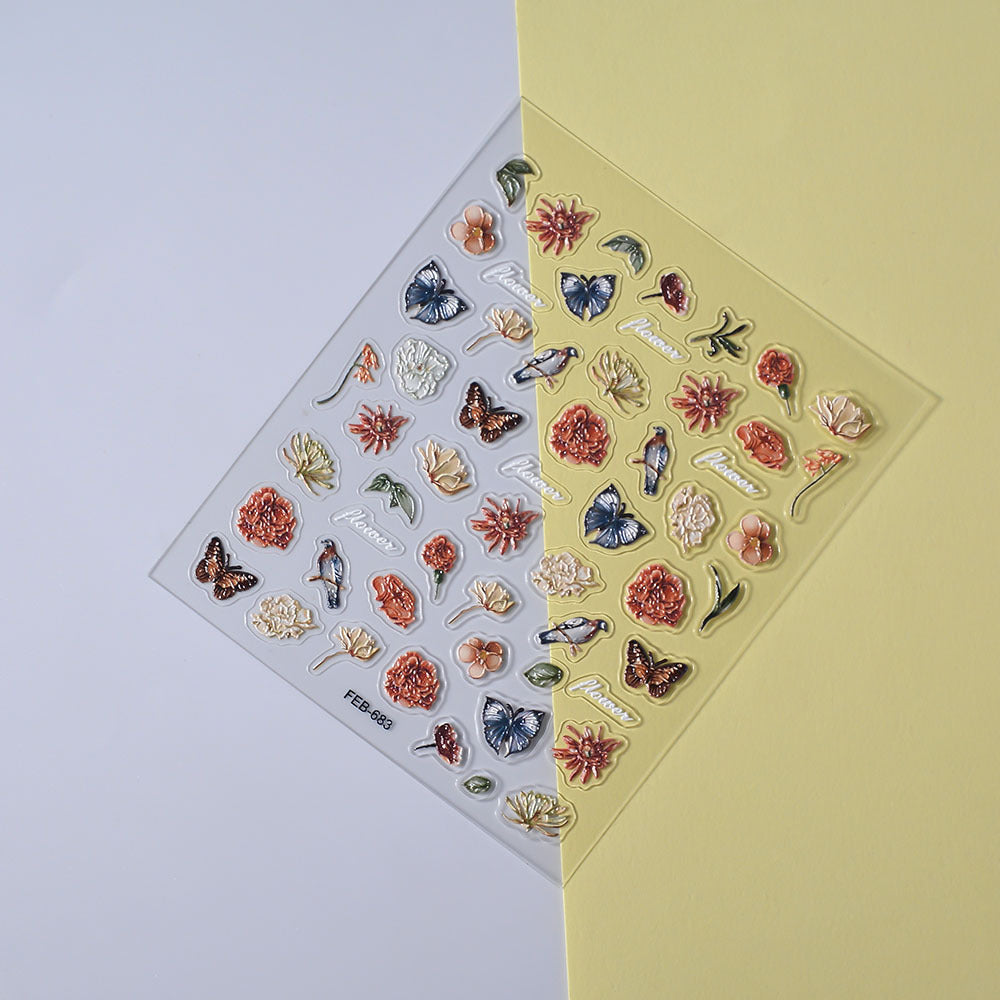 0926 M230- Flowers and  butterfly Embossed Mini sticker 1 Pcs