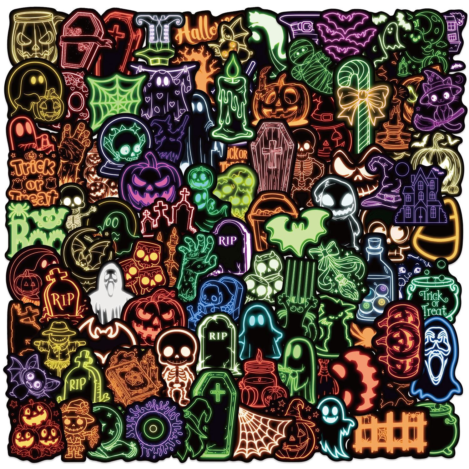 0903 100 Cartoon neon Halloween Stickers solid with black border