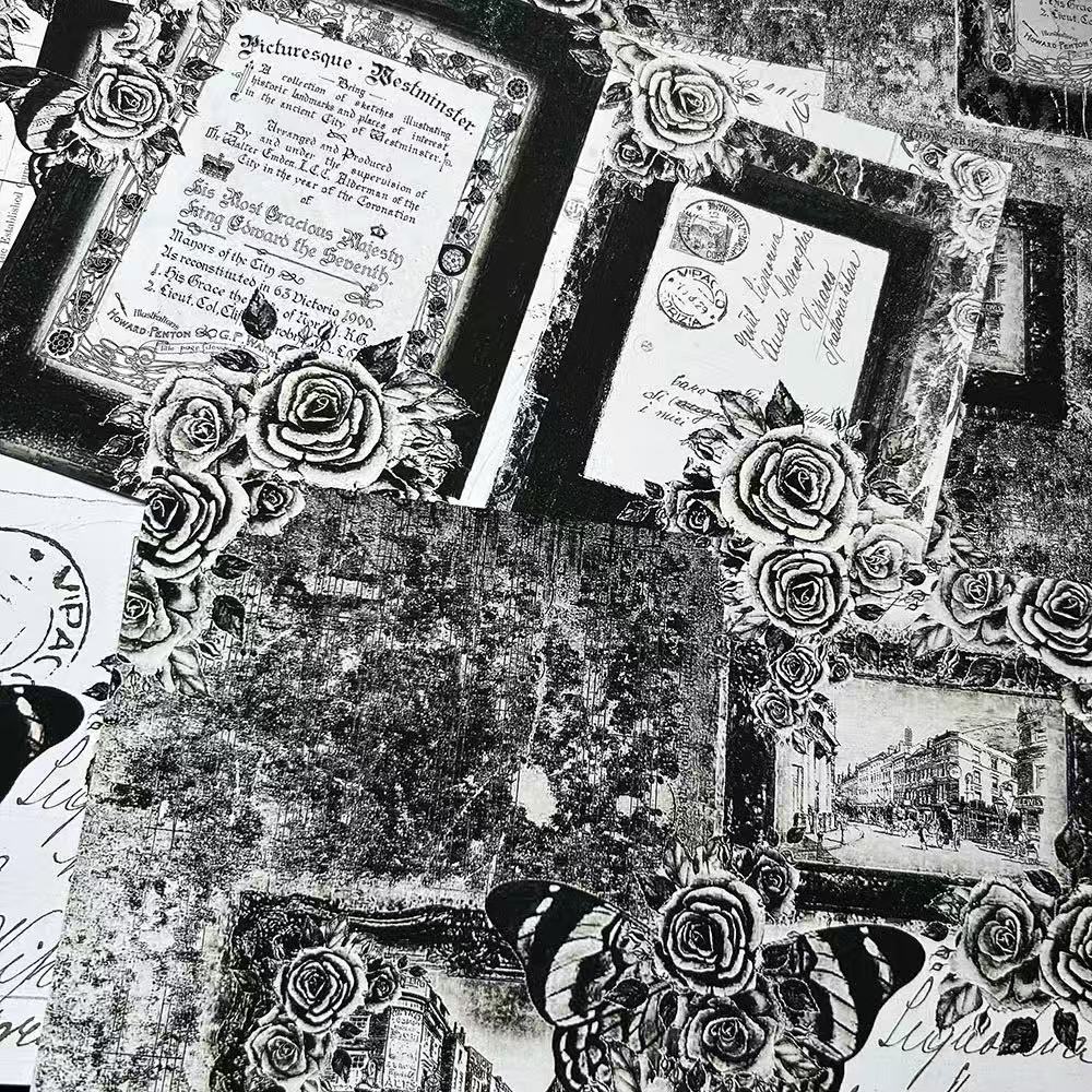1017 A4 size Vintage black and white roses Style Paper 8 pcs