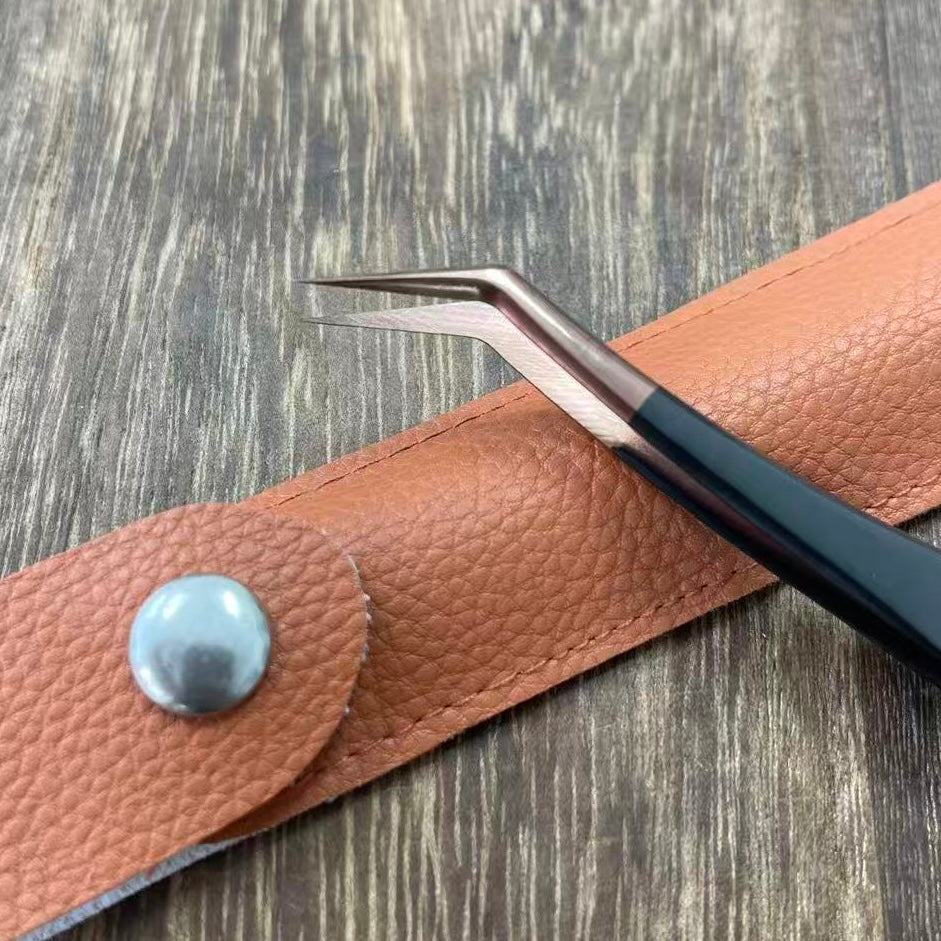 0912 Rose gold tweezers with PU leather case *Curved tweezer head