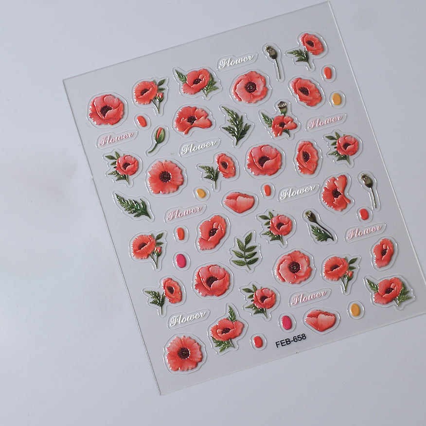 0918 M218- Red Flower Embossed Mini sticker 1 Pcs
