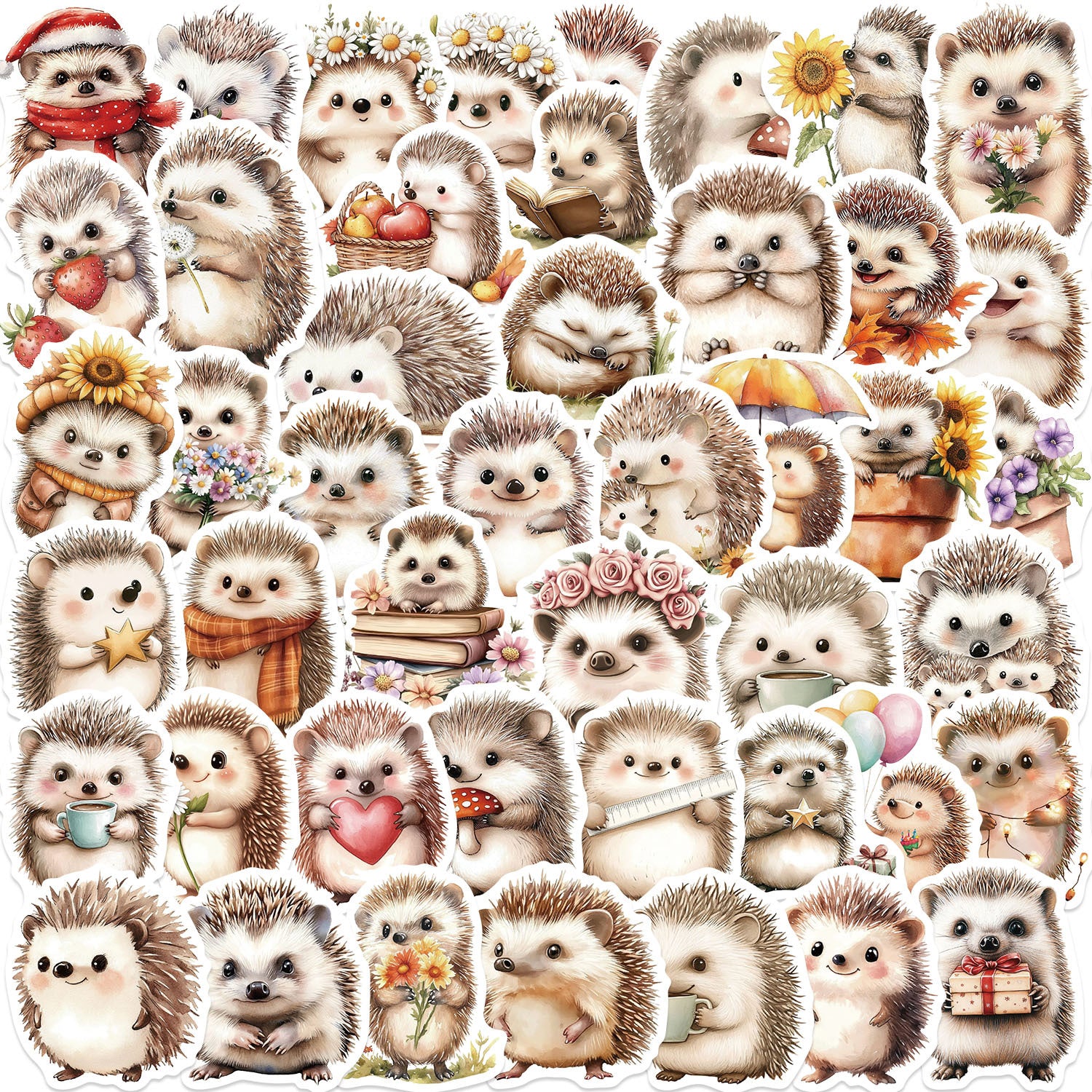 1208 50 Cartoon hedgehog Stickers solid with white border