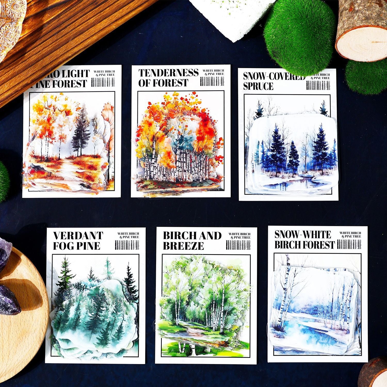 0520 White birch and pine tree PET Sticker -30Pcs each pack