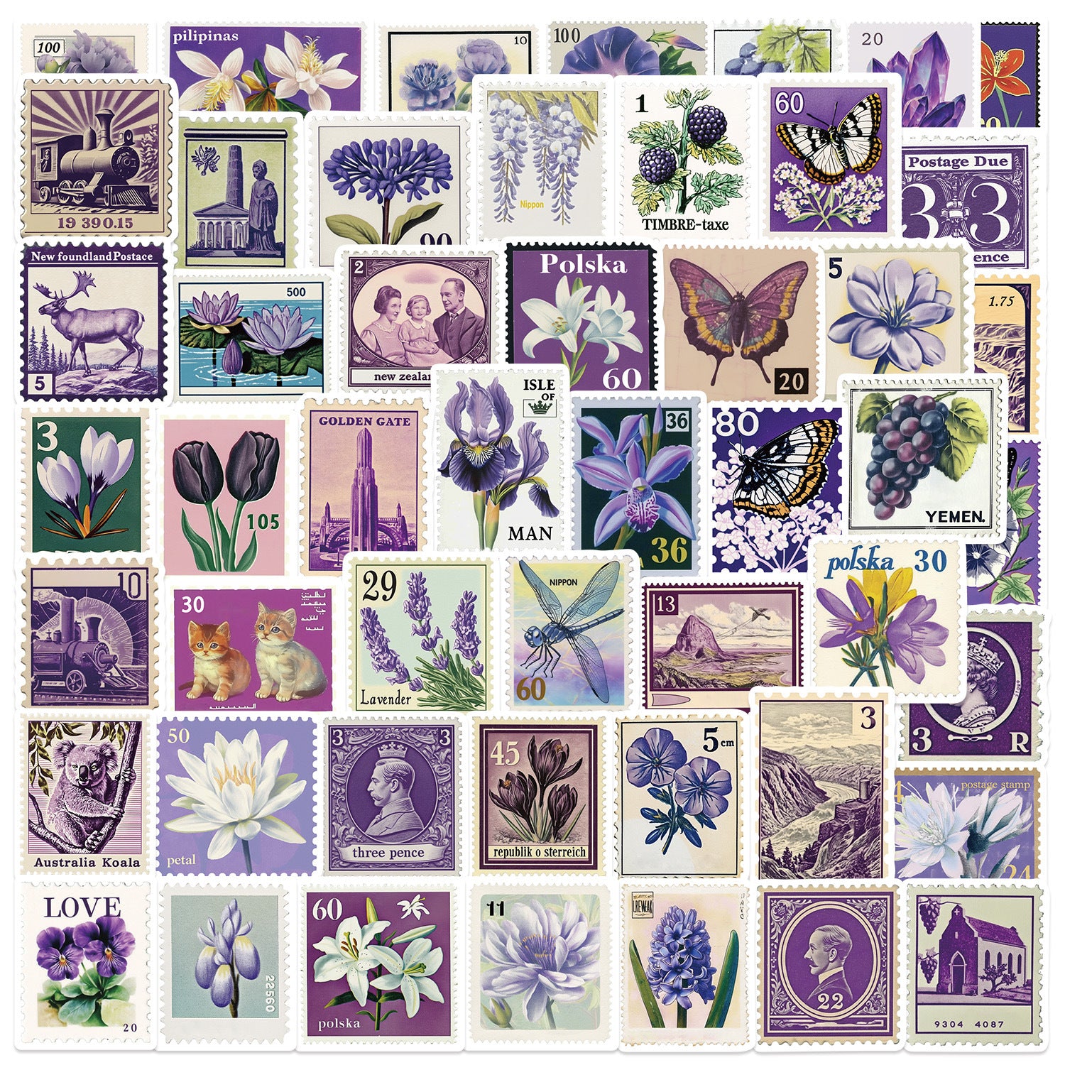 0910 50 Purple vintage stamp stickers solid with white border