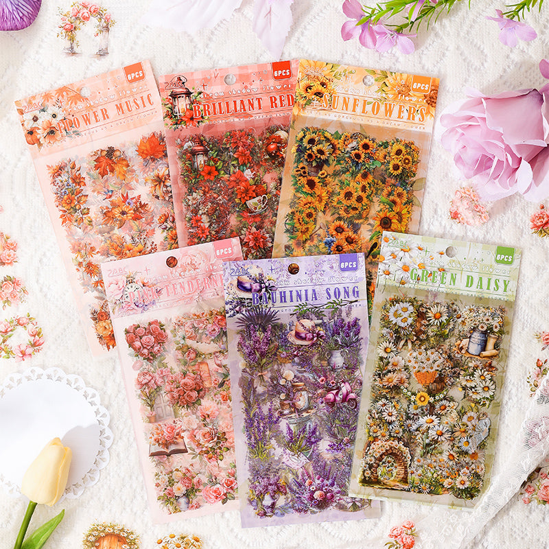 0226 Dream Shadow Flower Bloom Series Stickers -6Pcs each pack