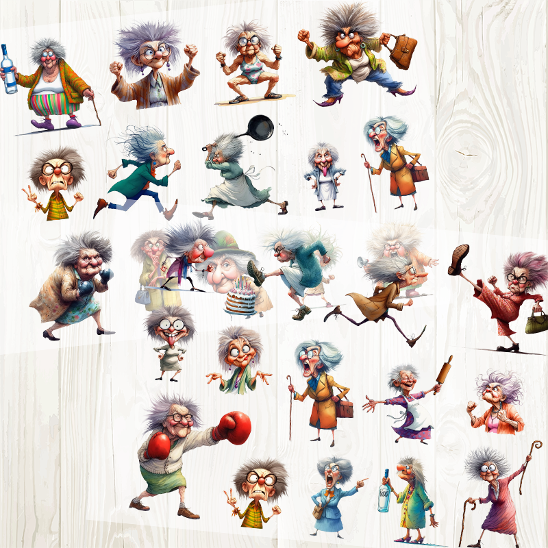 A4 Amusing Old Lady matte PET pre-cut large sticker 1 pack 2 sheets