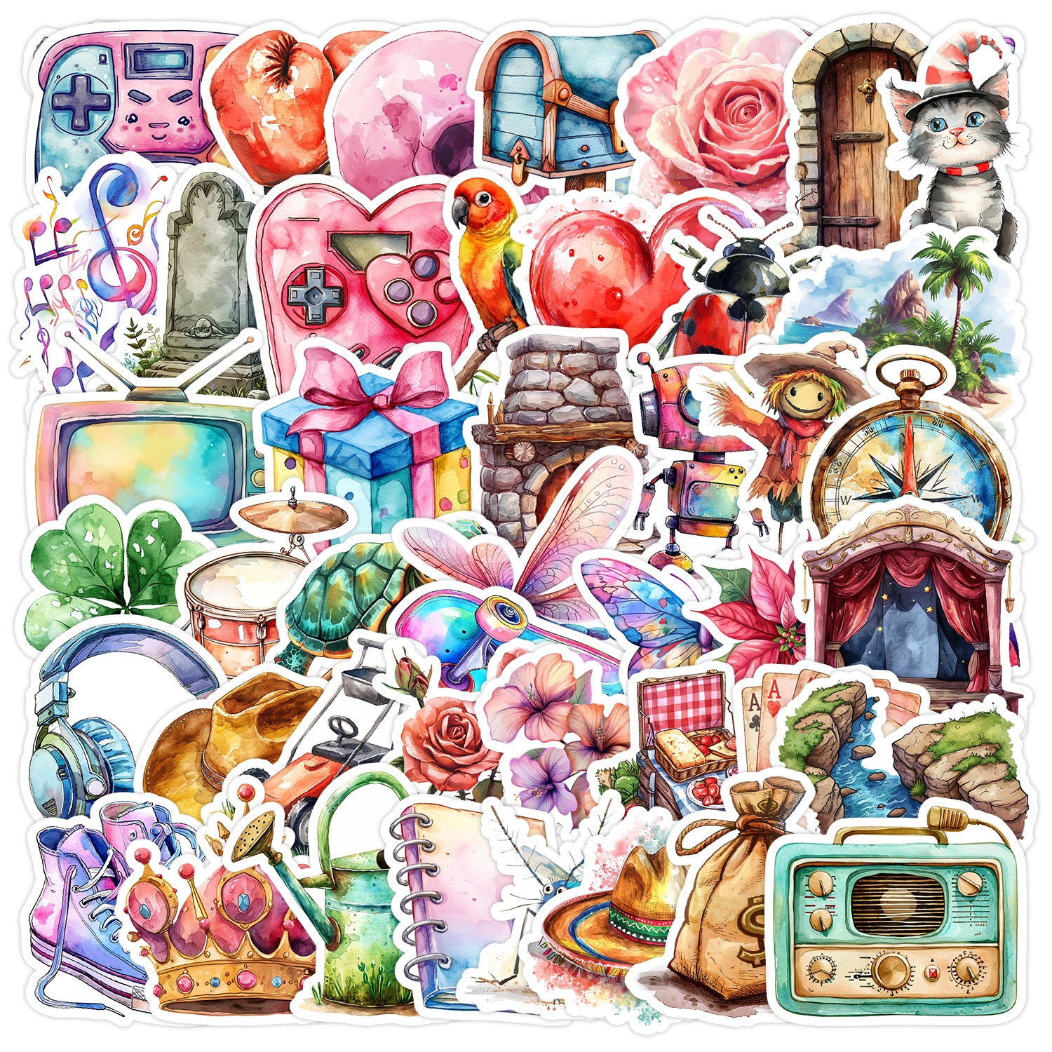 0221 Watercolor Clip Art solid sticker with white border -50Pcs each pack