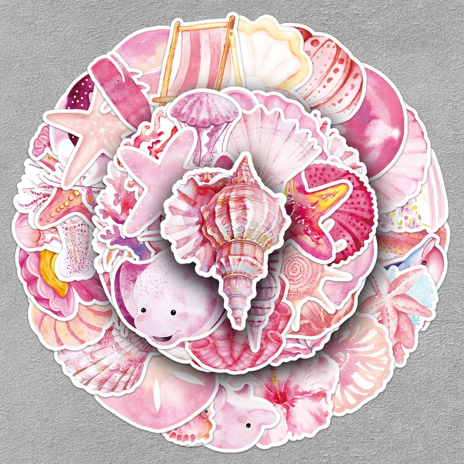 0723 50 Pink sea life Stickers solid with white border