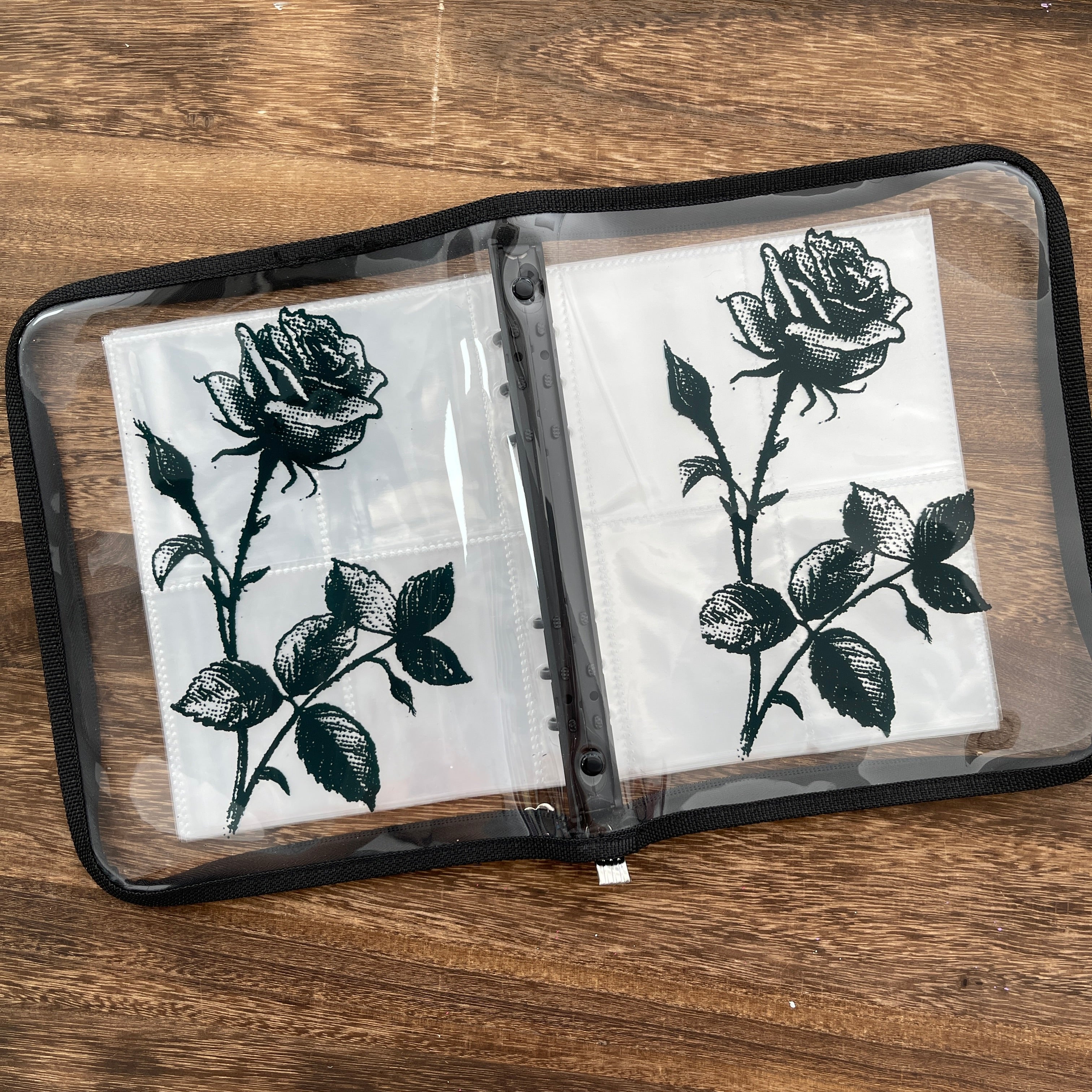 A5 Black rose clear binder with Zipper + 50 Pcs pocket insert, ATC cards storage book