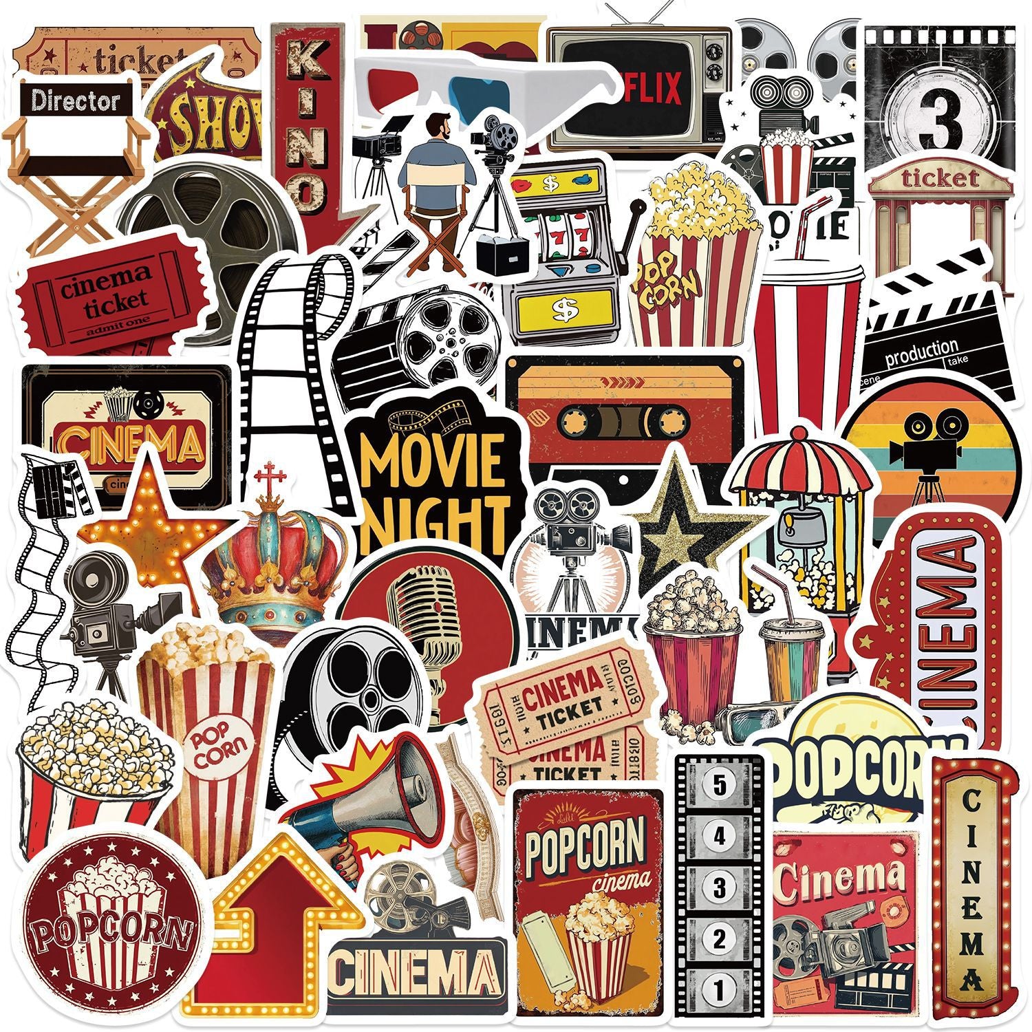 1223 50 Vintage Movie material Stickers solid with white border