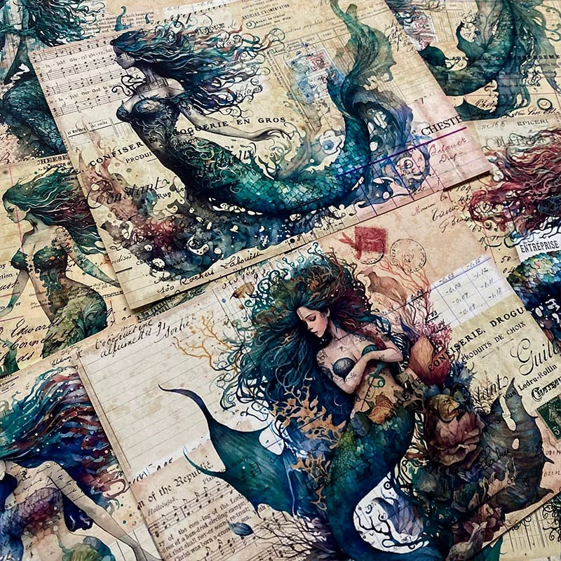 0712 A4 size vintage Mermaid Style Paper 4 pcs