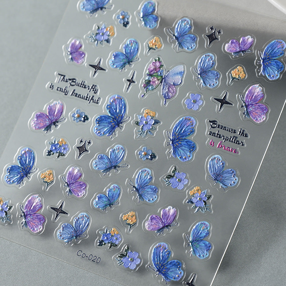 0801 M171- Blue butterfly and flower Embossed Mini sticker 1 Pcs