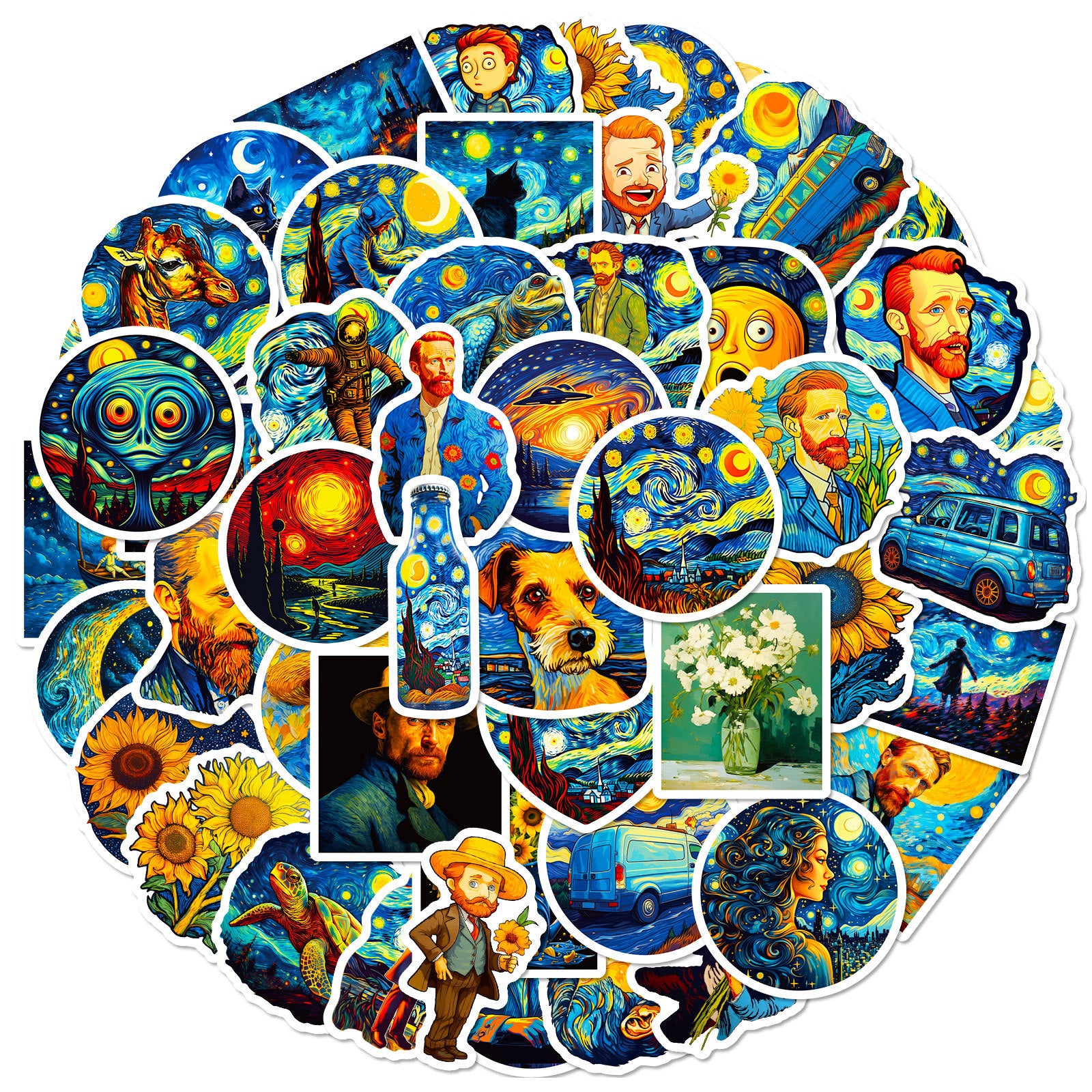 50 Van gogh Starry Night Solid Sticker With White Border