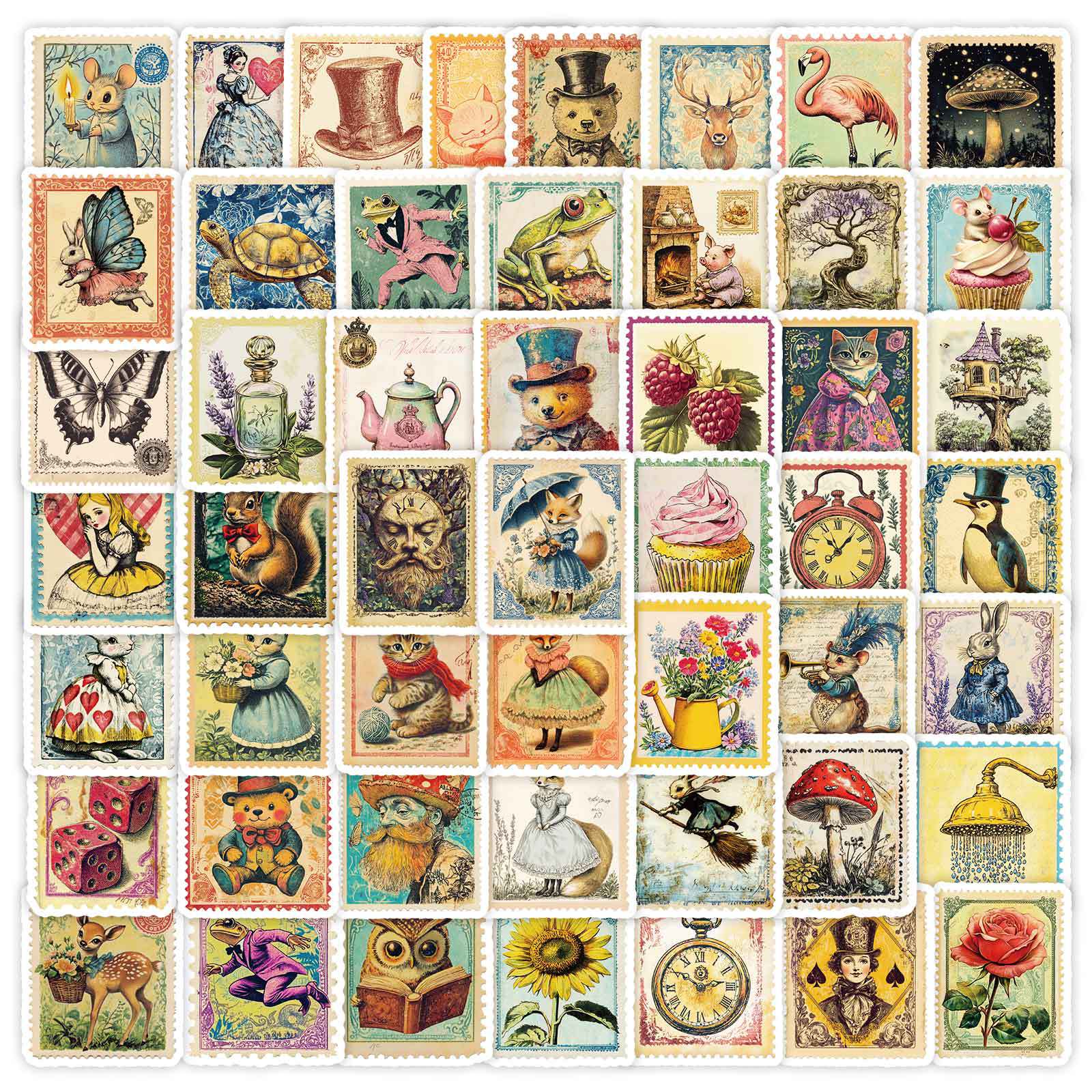 0221 Vintage Style Stamp solid sticker with white border -50Pcs each pack