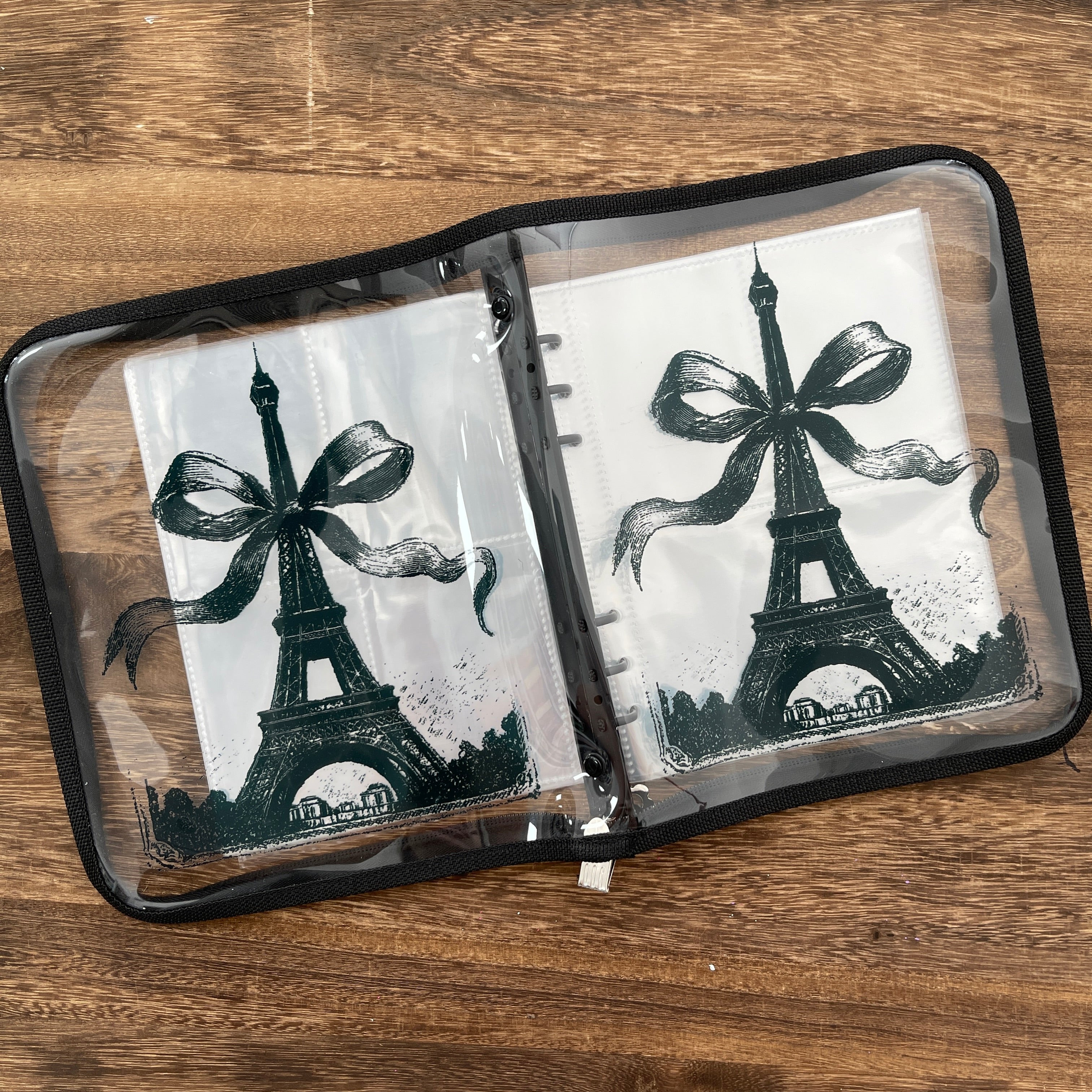 A5 Black Eiffel Tower clear binder with Zipper + 50 Pcs pocket insert, ATC cards storage book