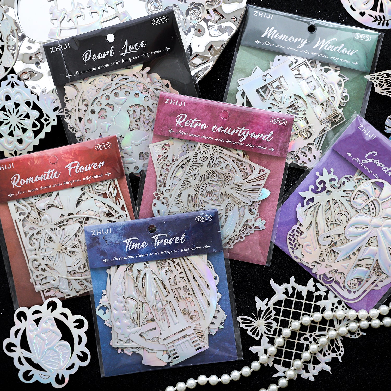 0306 Silver Moon Dream Series Embossed die cut cardstock Sticker -10Pcs each pack