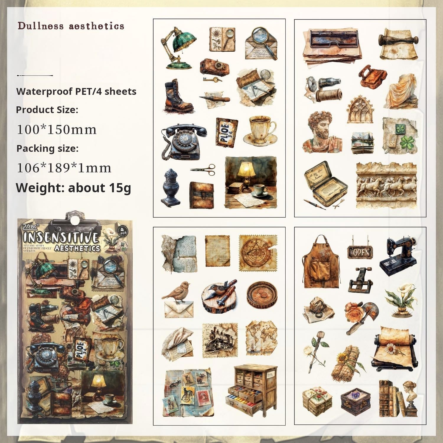 1216 Vintage items PET sticker -4Pcs each pack