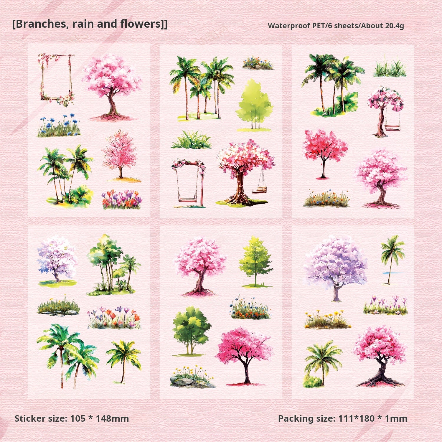 1023 Four Seasons Trees PET sticker -6Pcs each pack