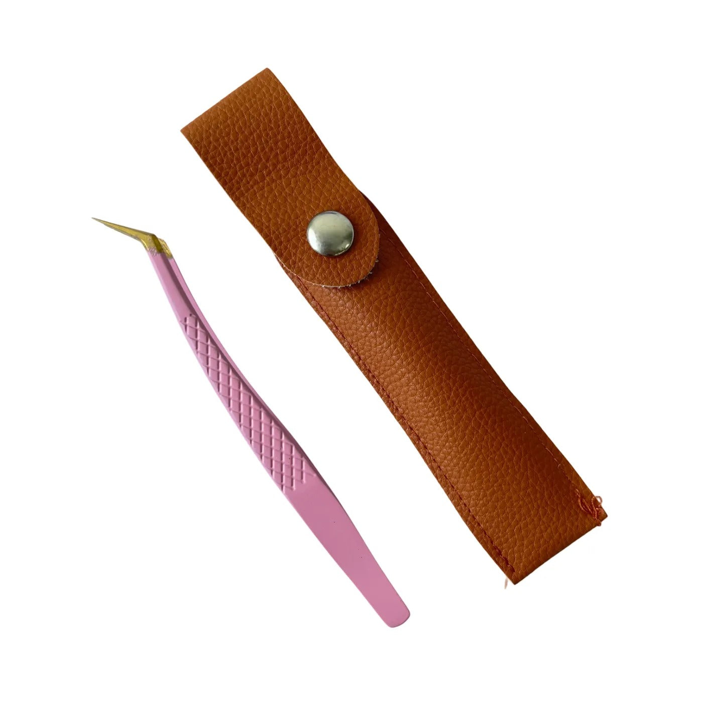 0704 Pink tweezers with leather case *Curved tweezer head