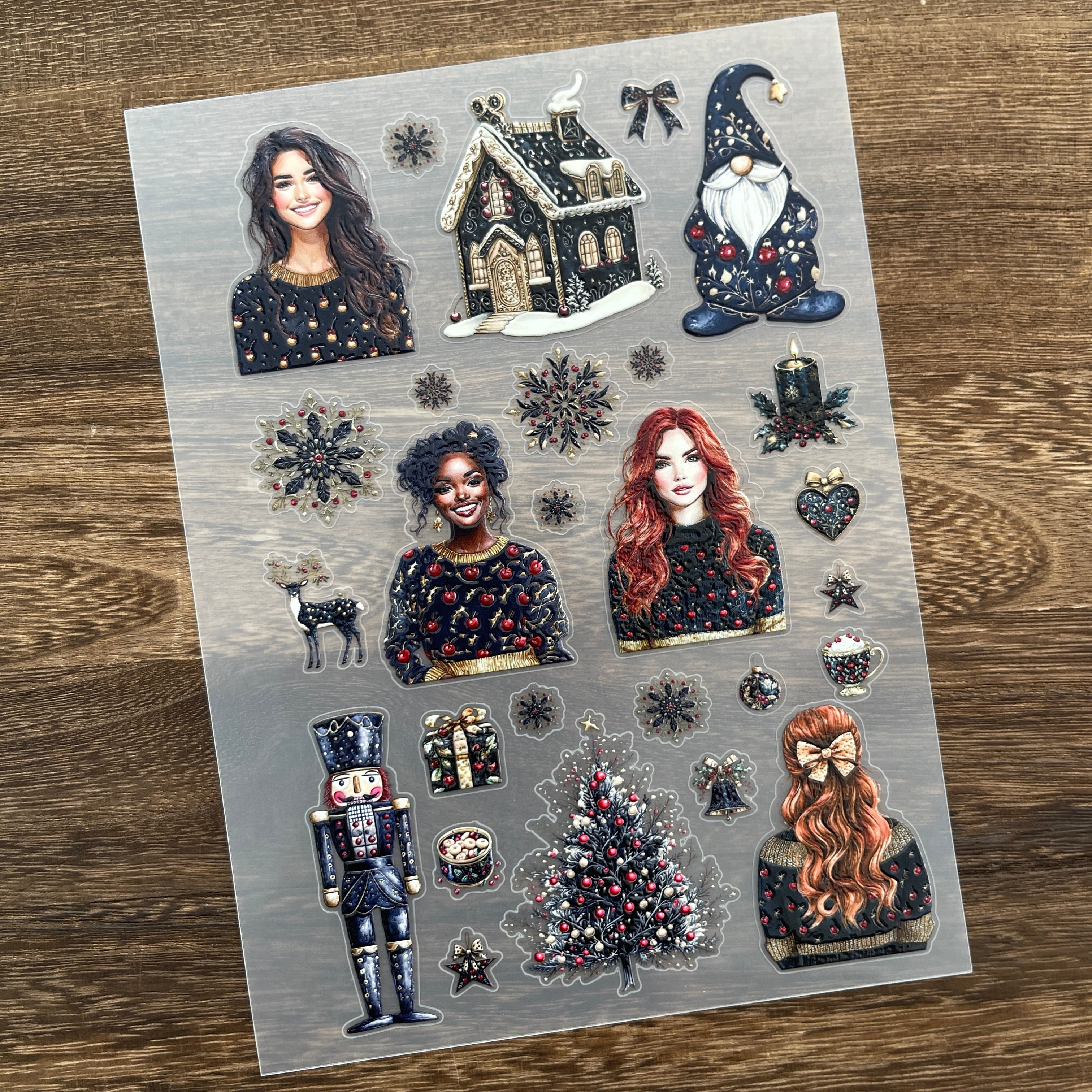 3D Midnight Cherry Christmas PET Stickers 1pcs
