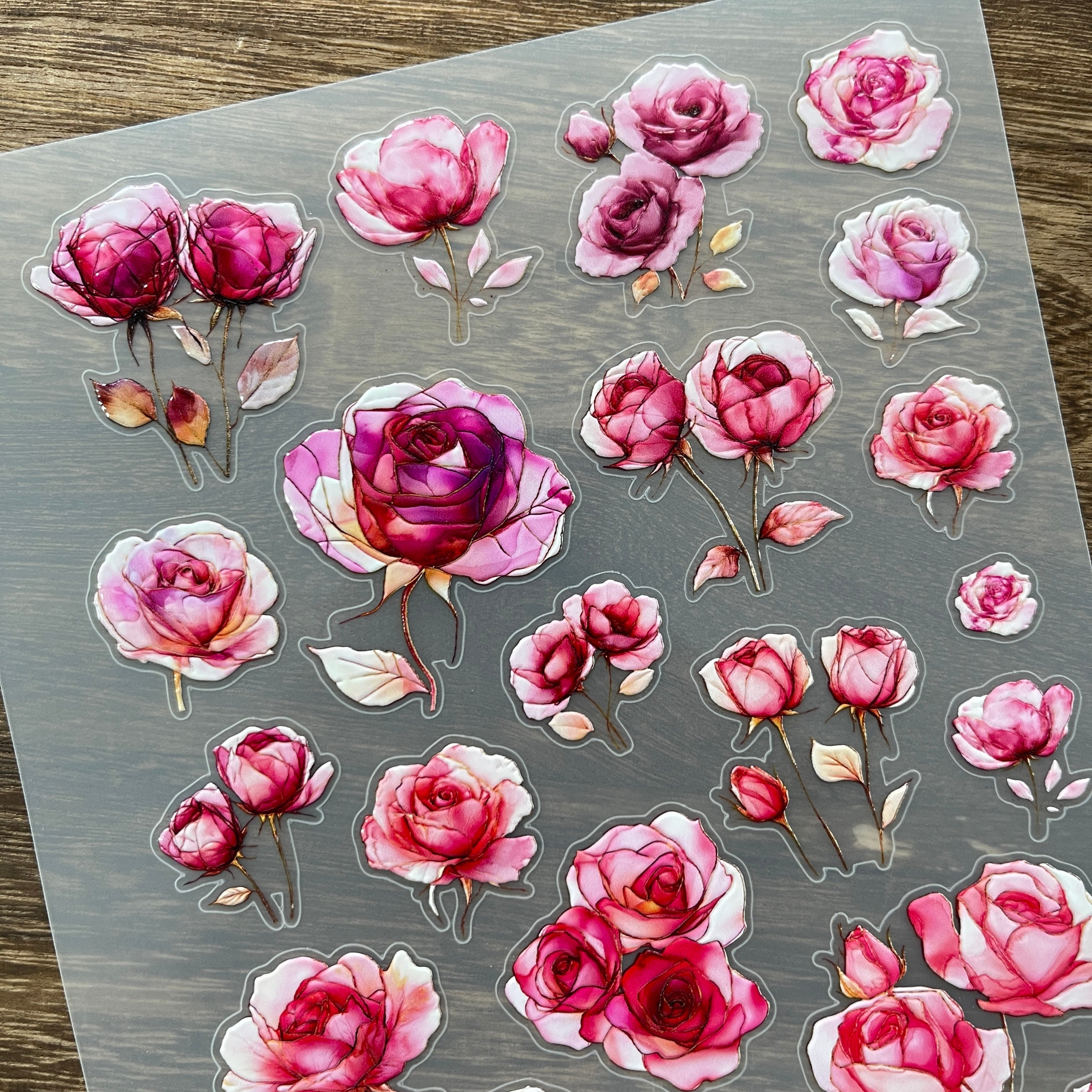 3D Pink rose PET Stickers 1pcs