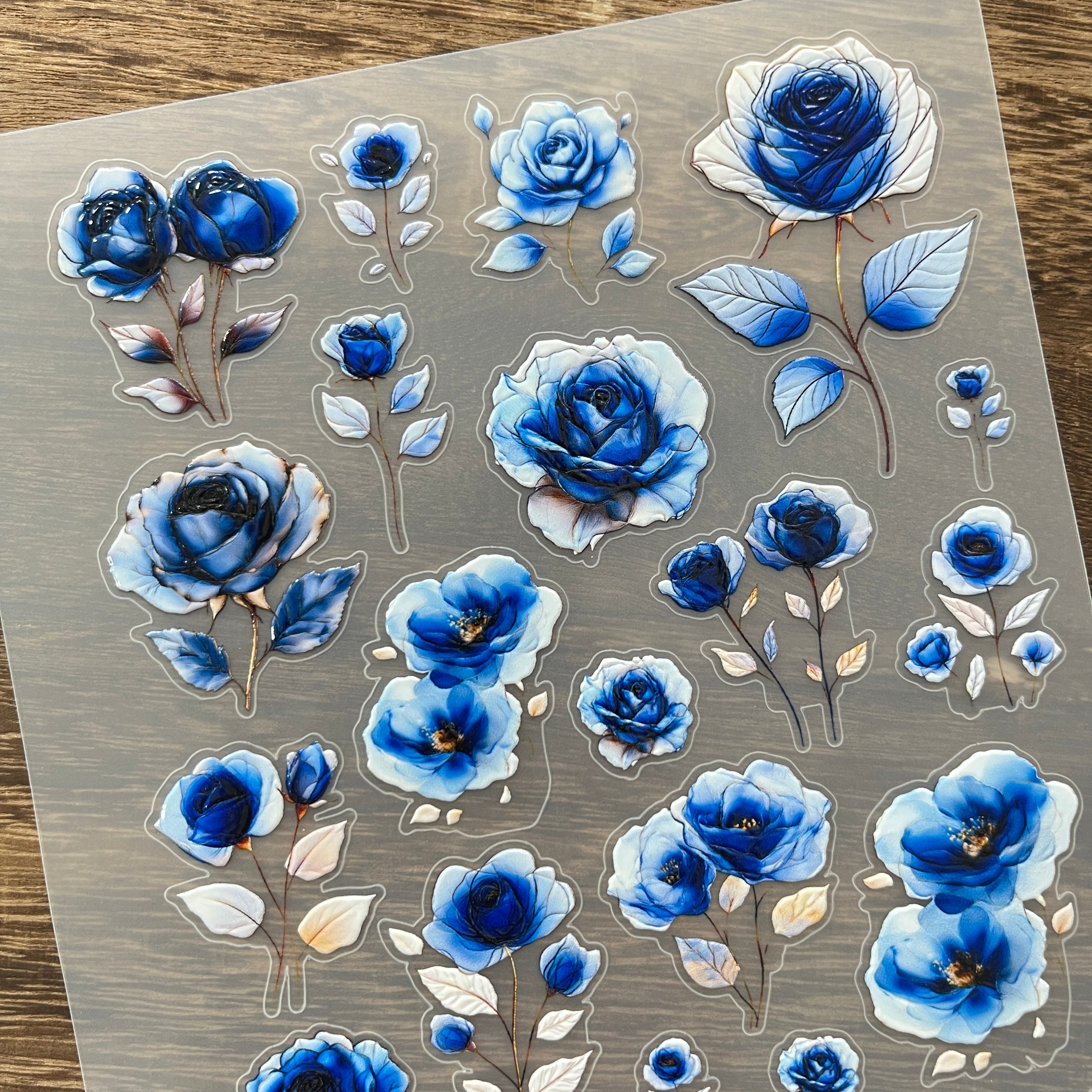 3D Blue roses PET Stickers 1pcs