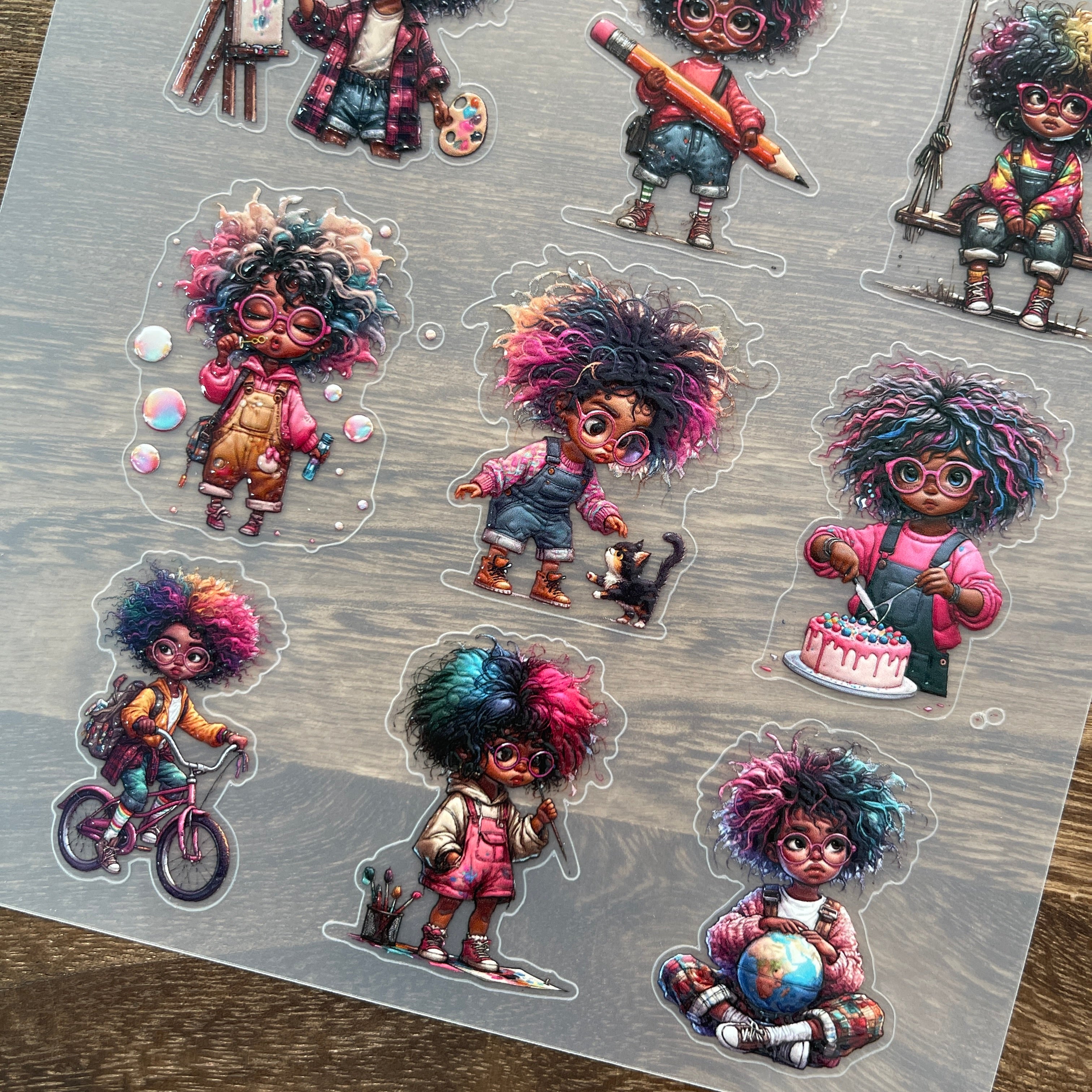 3D Little girl with glasses PET Stickers 1pcs