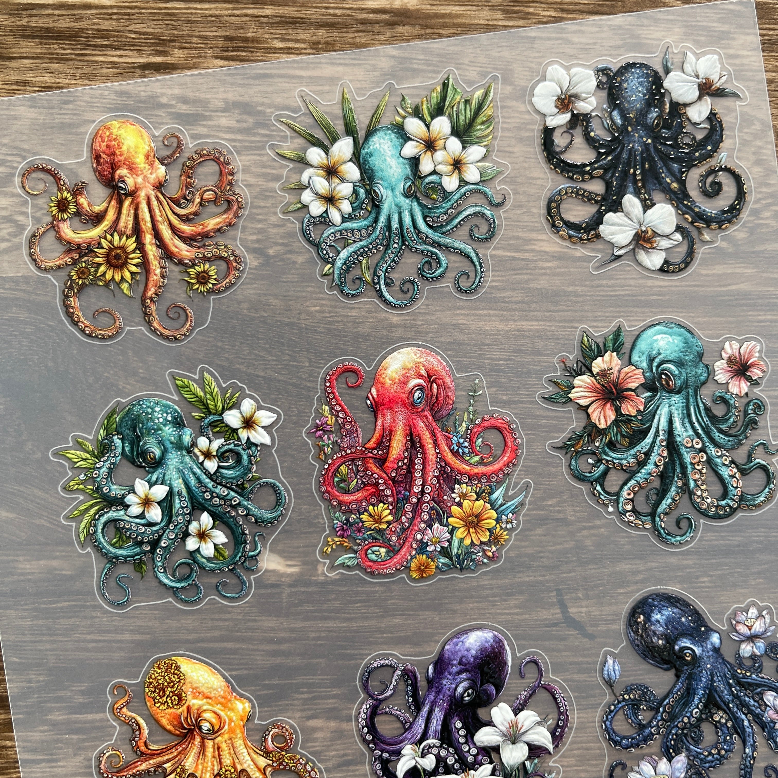 3D Floral octopus PET Stickers 1pcs
