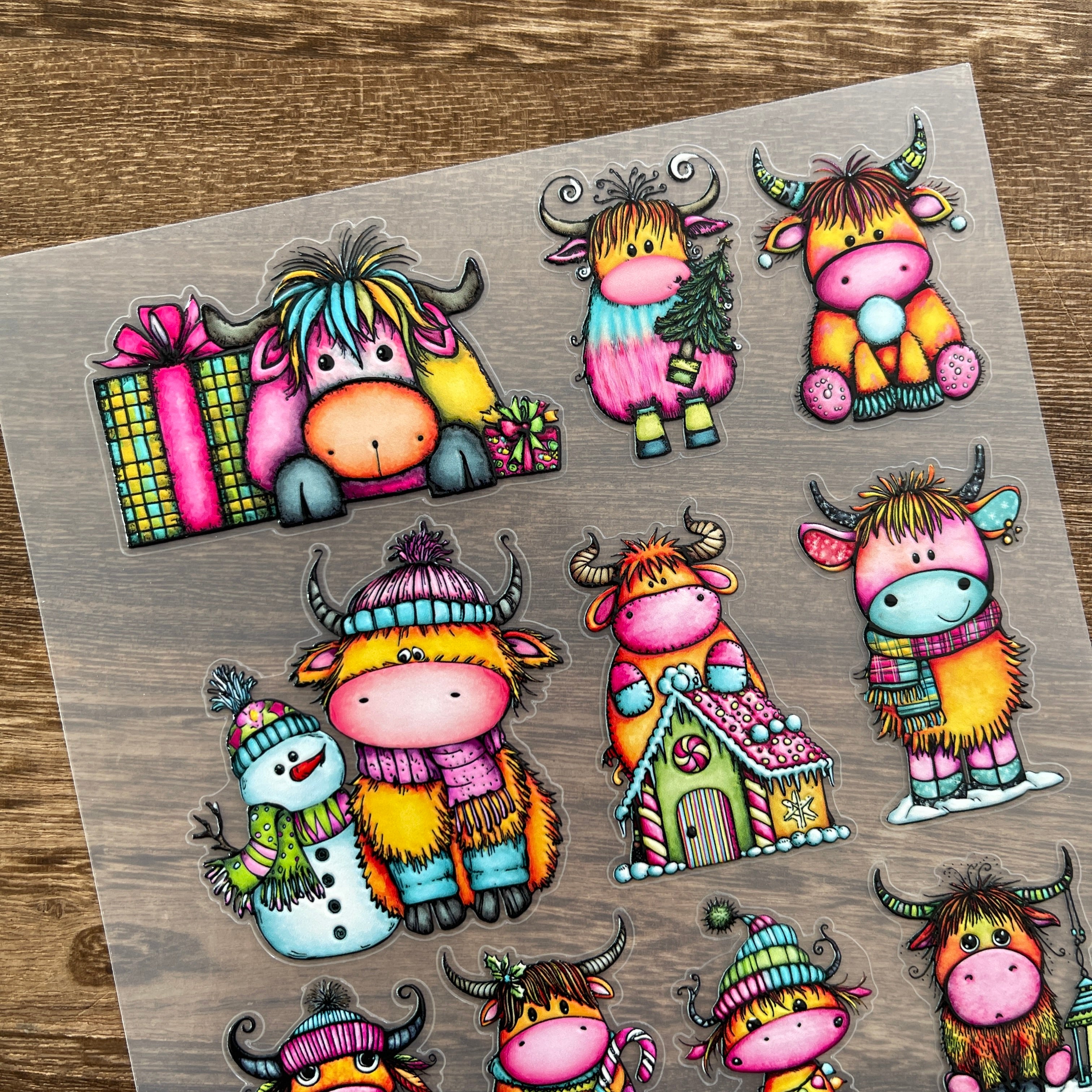 3D Christmas Highland Bull PET Stickers 1pcs
