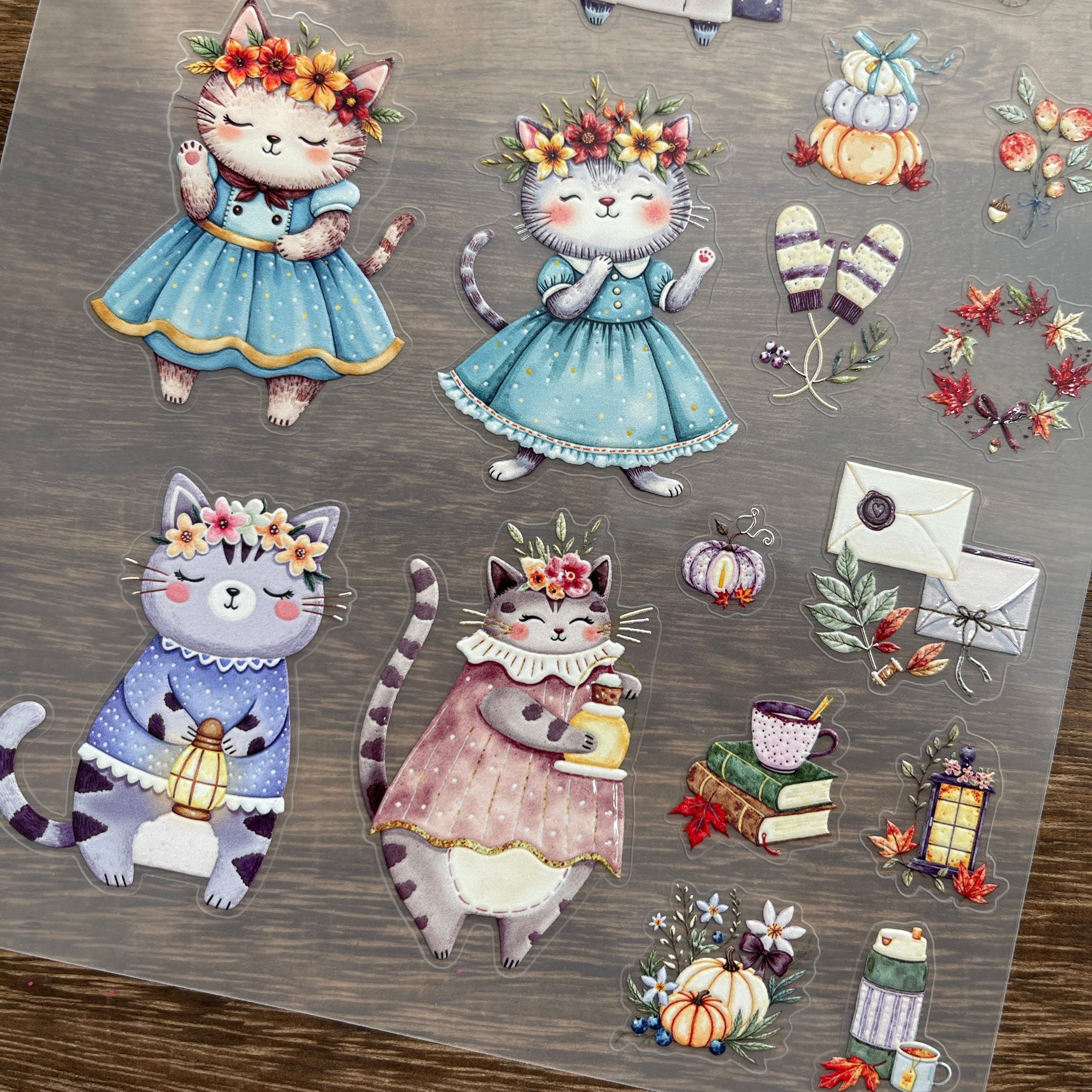 3D Autumn flowers cats PET Stickers 1pcs