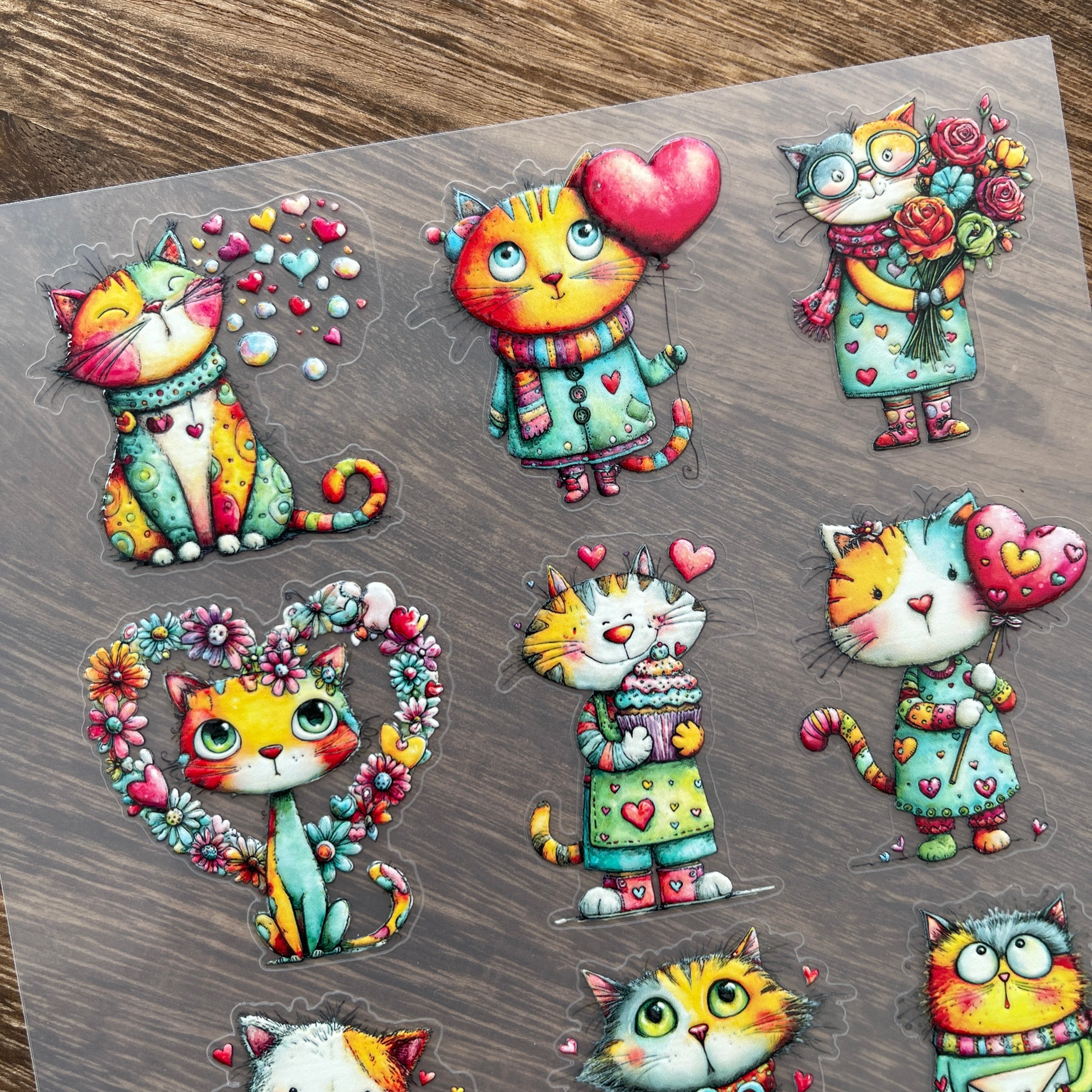 3D Cute colorful Valentine's Day cats PET Sticker 1 Pcs