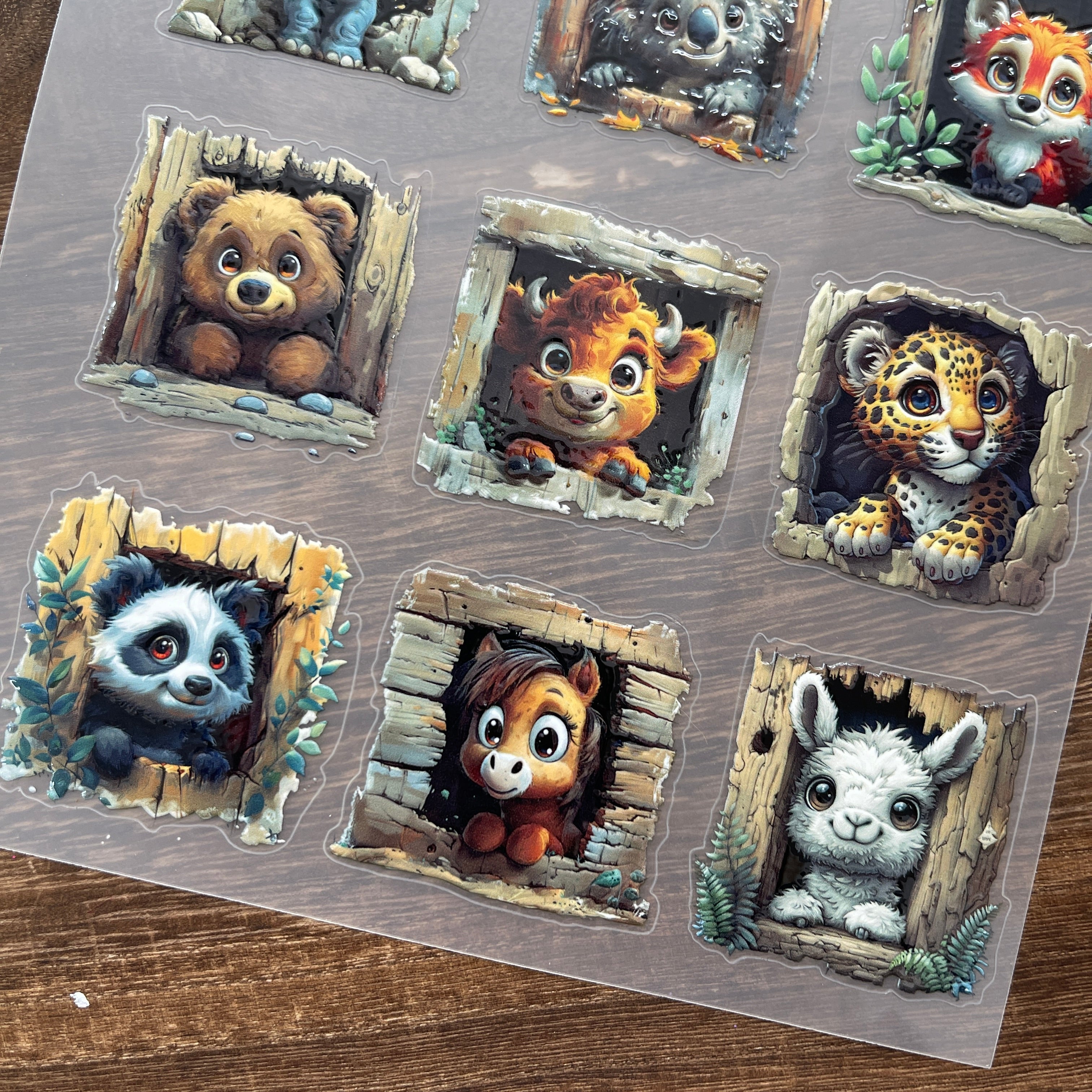 3D Small animals in tree holes PET Sticker 1 Pcs