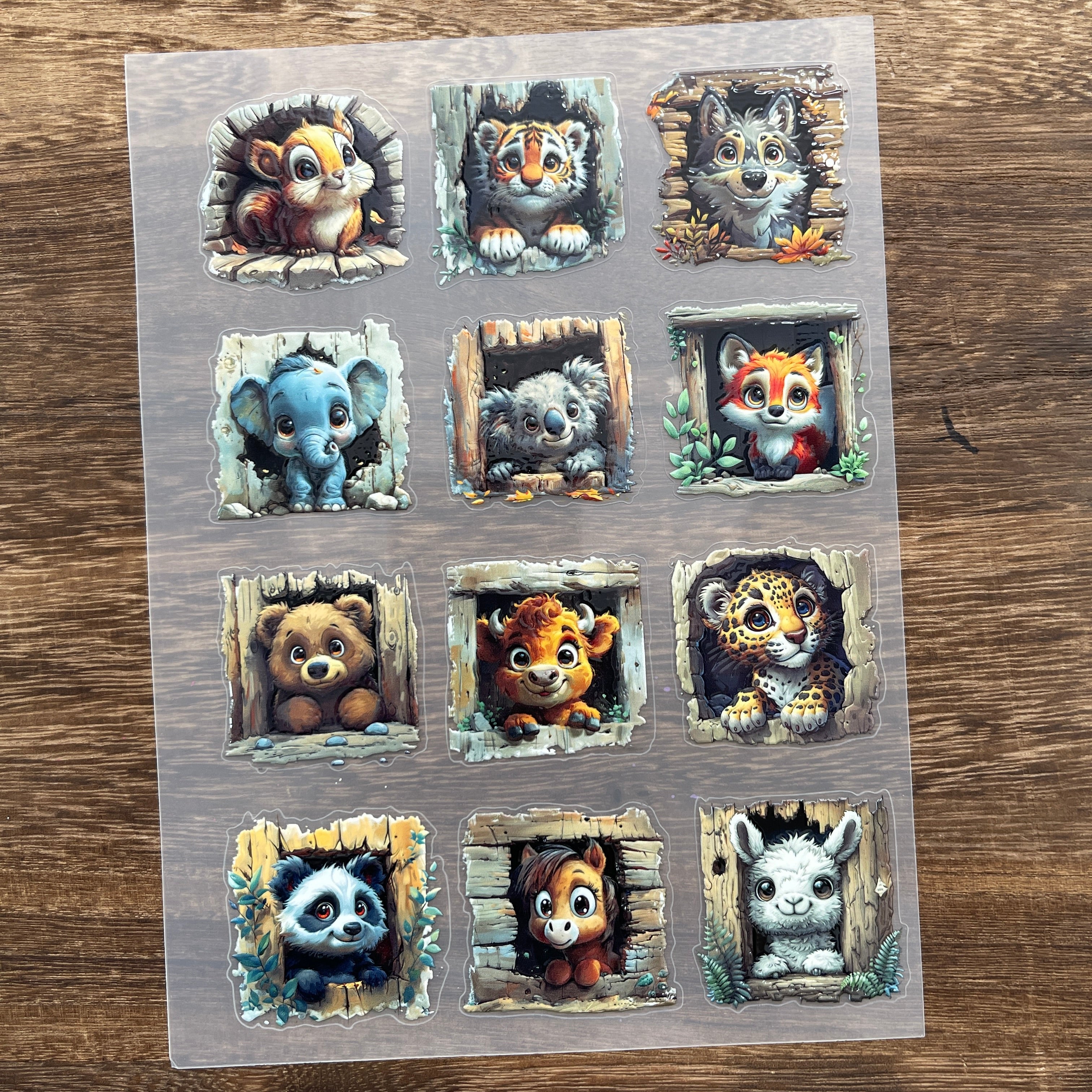 3D Small animals in tree holes PET Sticker 1 Pcs