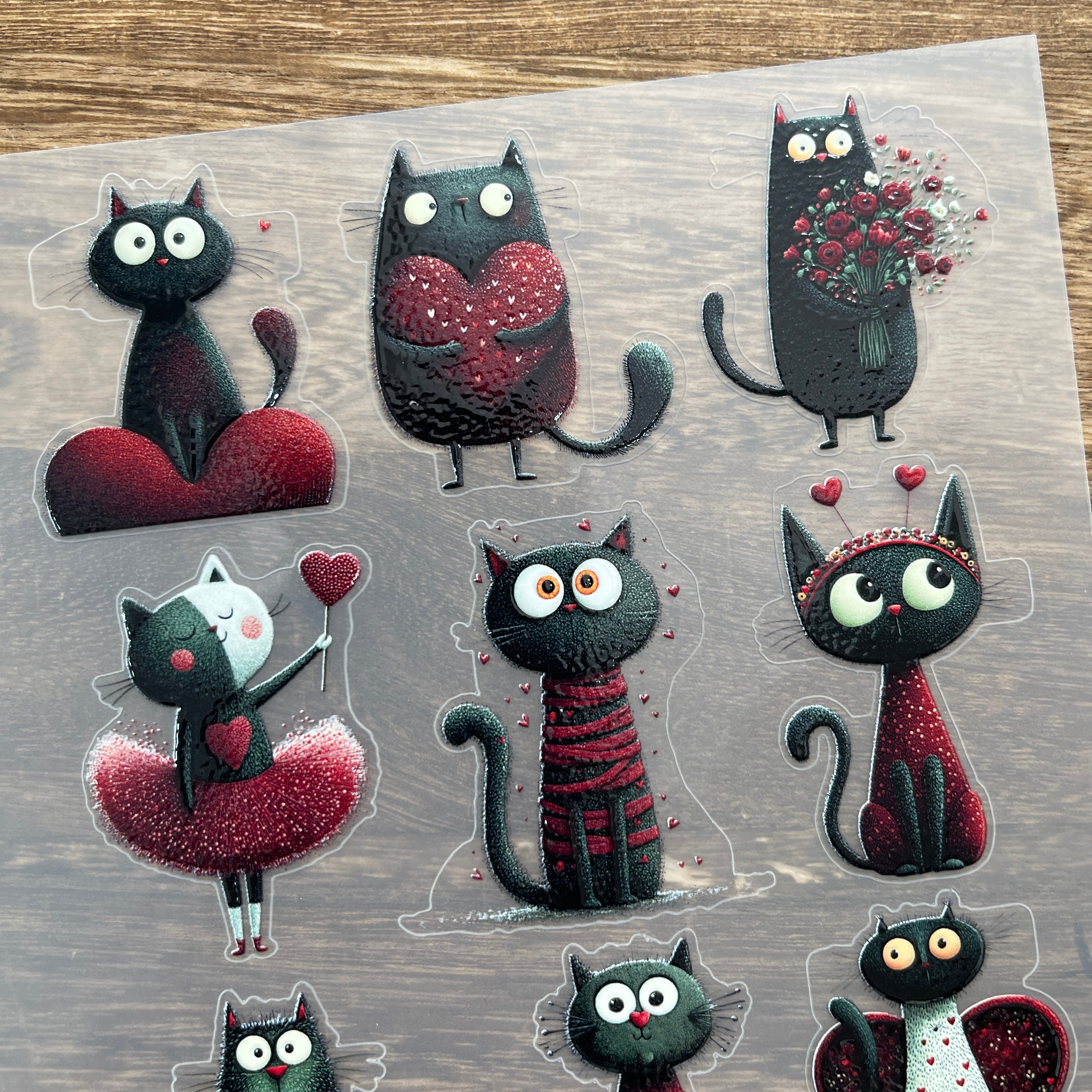 3D Valentine black cat PET Sticker 1 Pcs