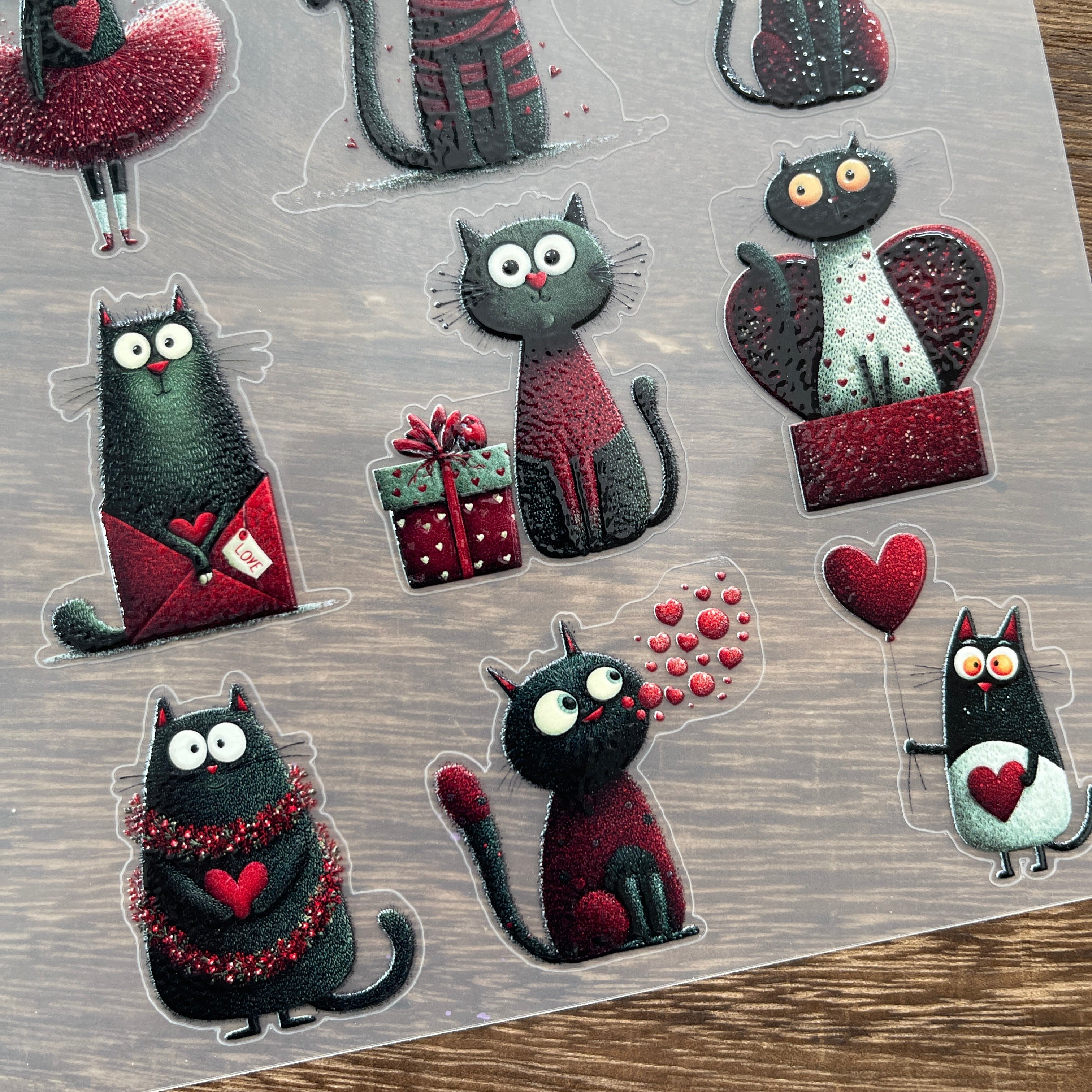 3D Valentine black cat PET Sticker 1 Pcs