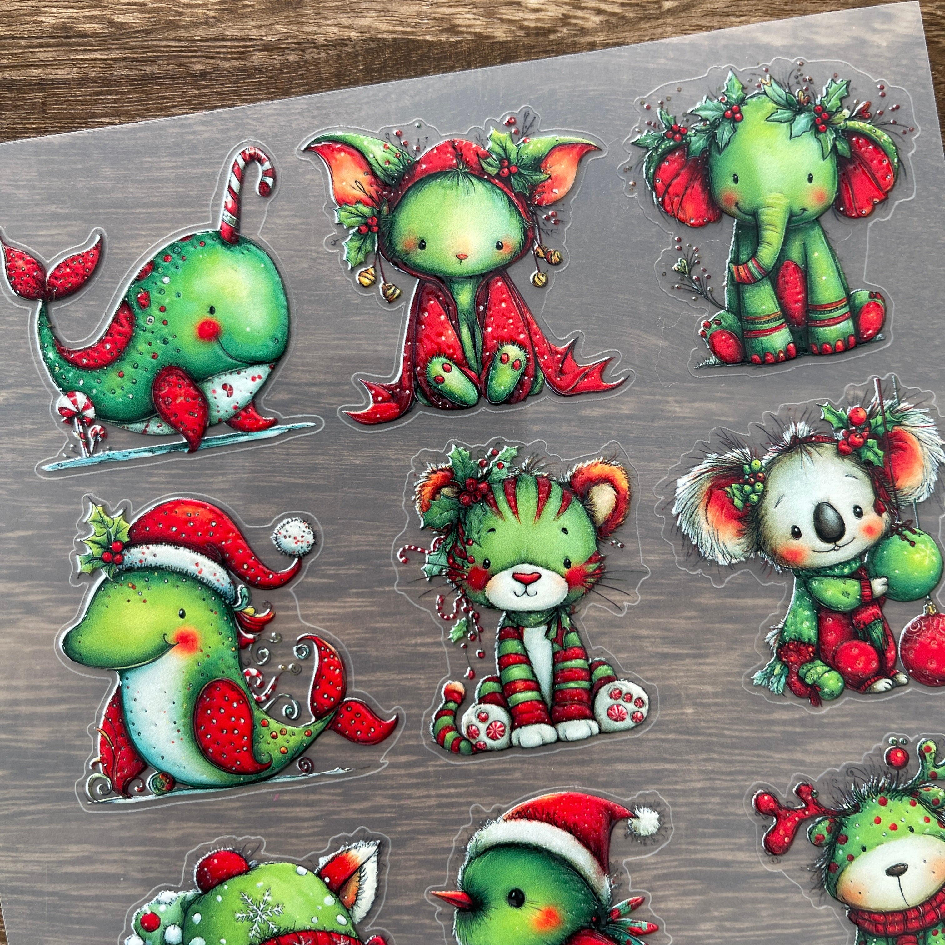 3D Green Christmas animals PET Sticker 1 Pcs