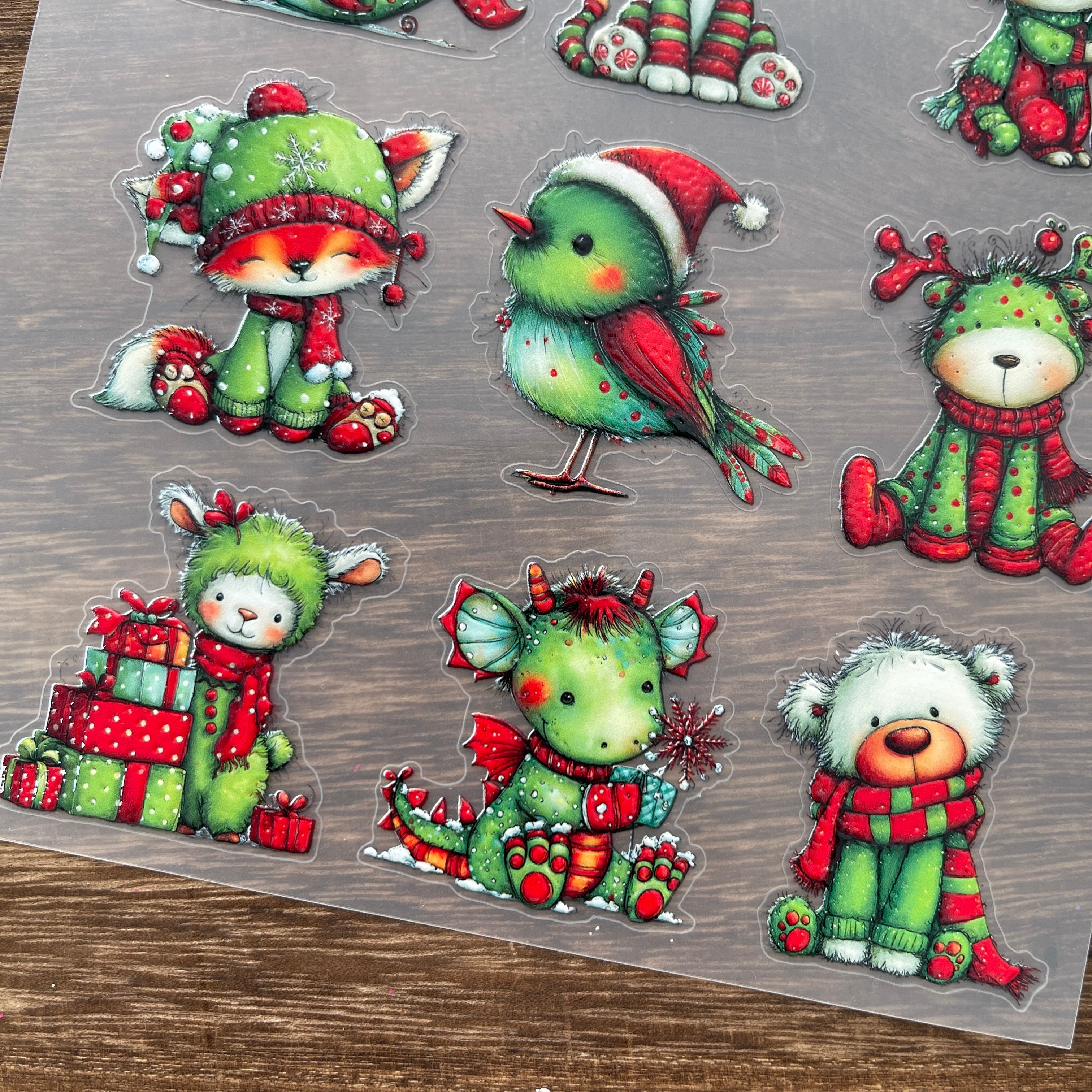 3D Green Christmas animals PET Sticker 1 Pcs