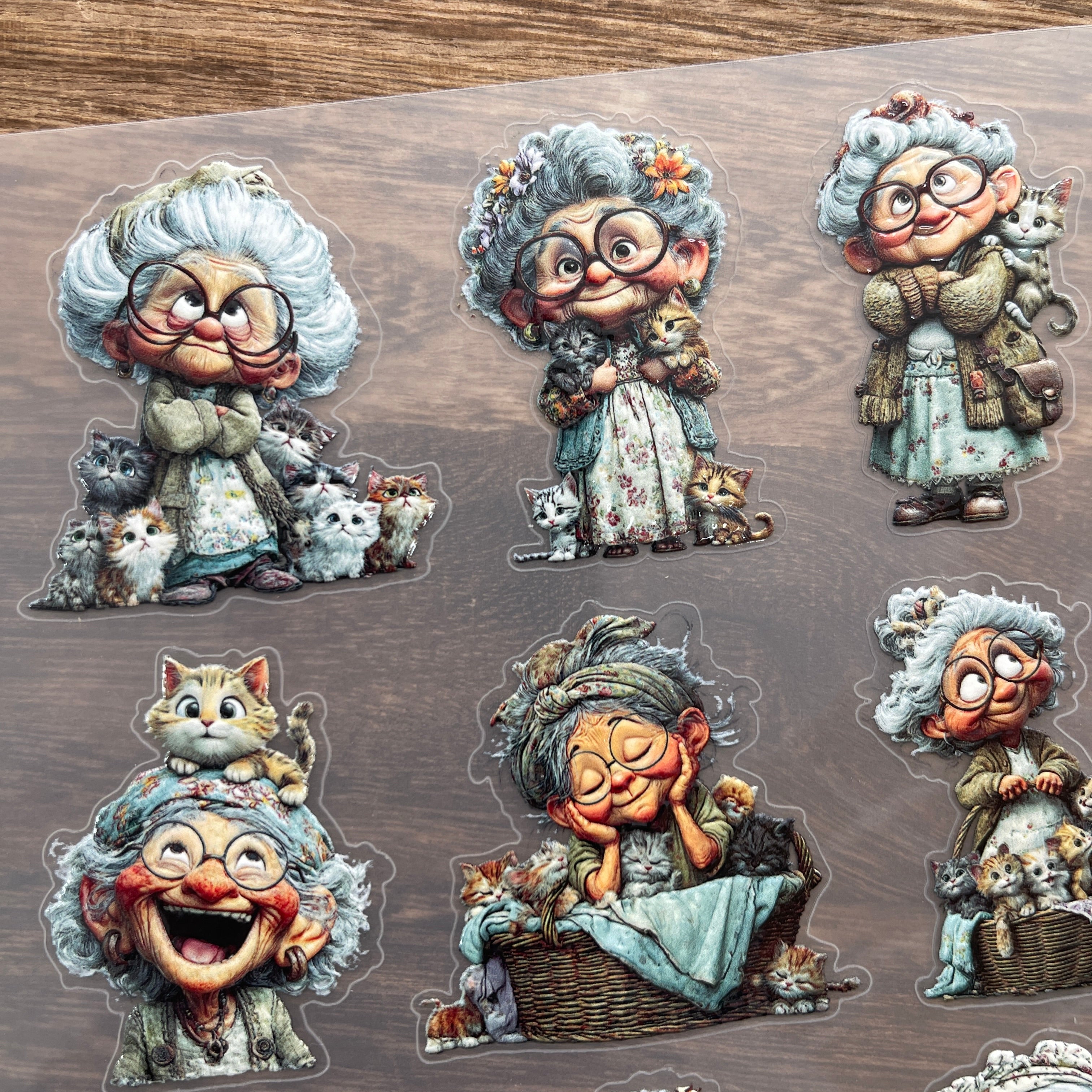 3D Grandmother and cat PET Sticker 1 Pcs