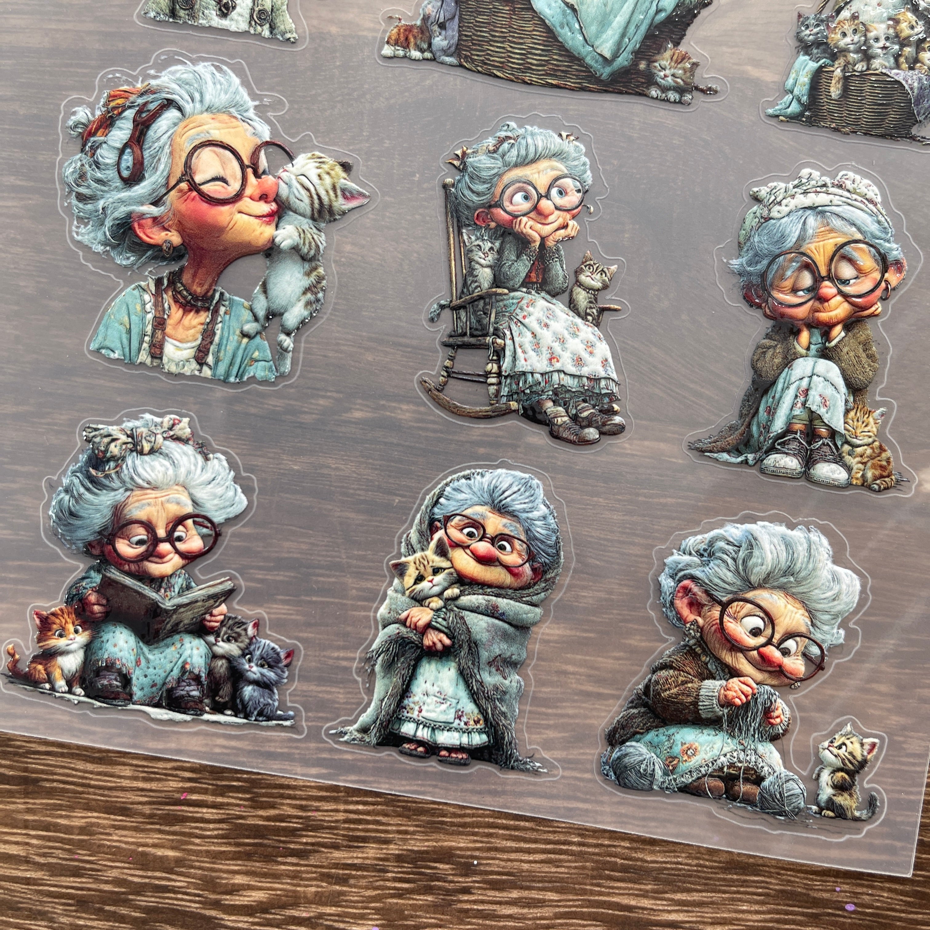 3D Grandmother and cat PET Sticker 1 Pcs