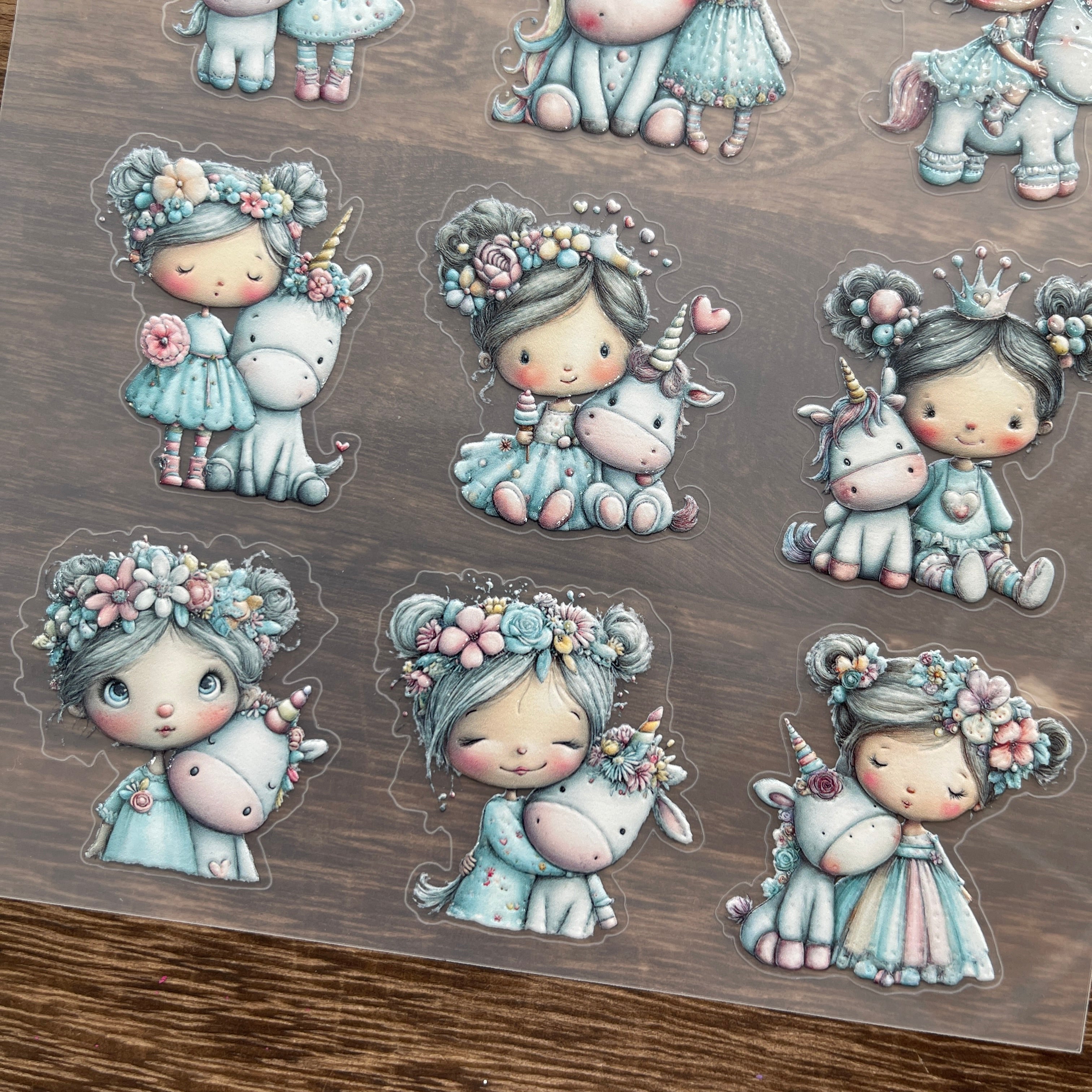 3D Girl and unicorn doll PET Sticker 1 Pcs