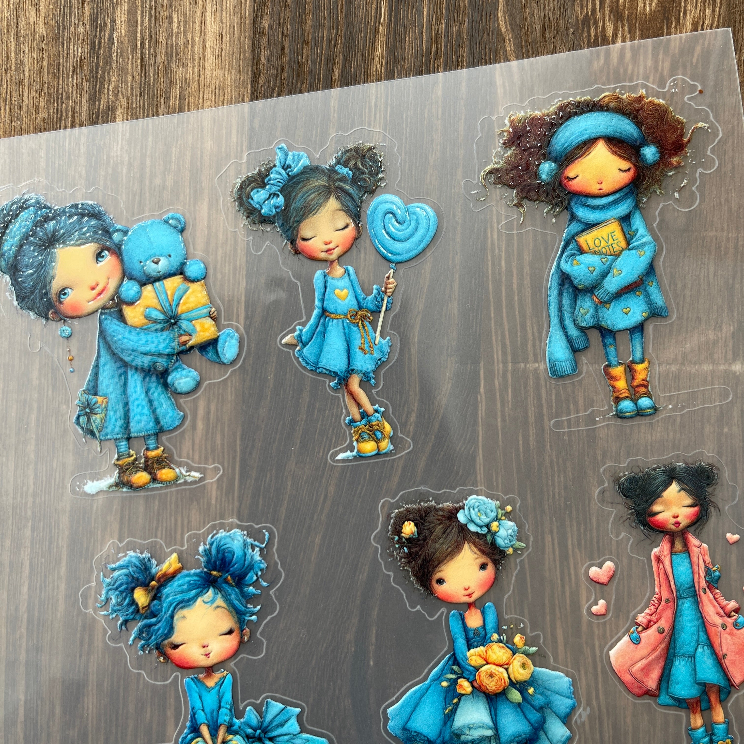 3D Blue style girl PET Sticker 1 Pcs