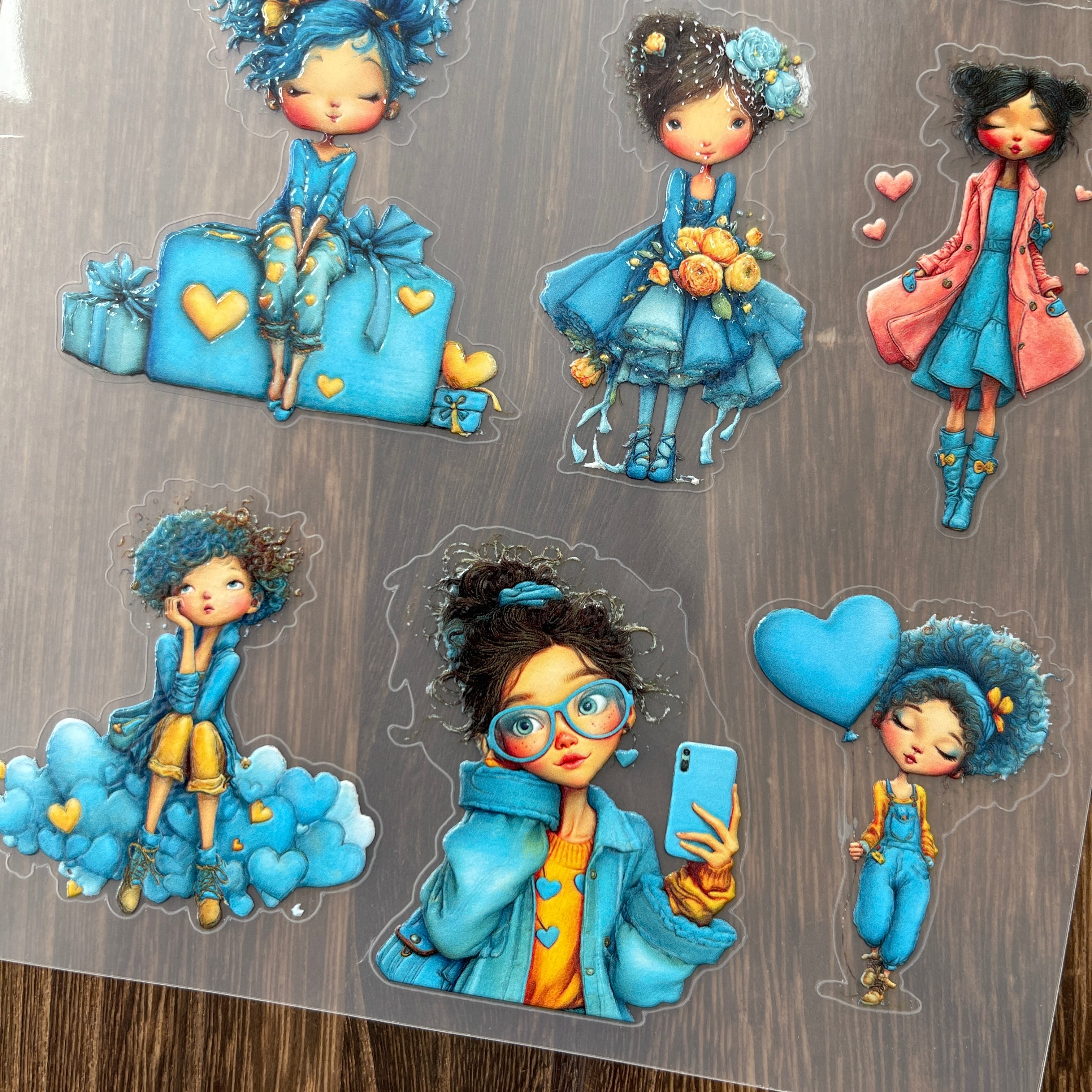 3D Blue style girl PET Sticker 1 Pcs