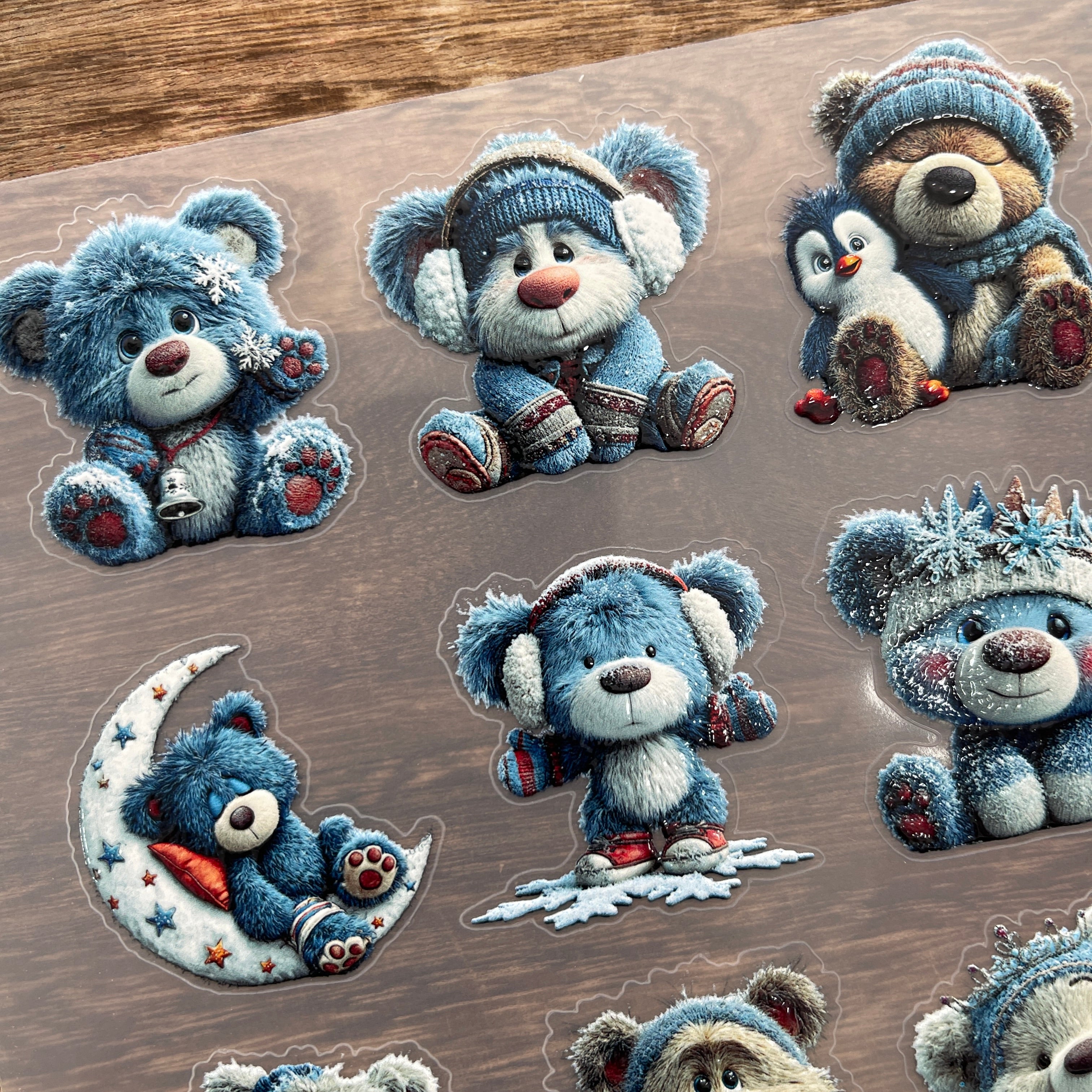 3D Blue plush bear PET Sticker 1 Pcs