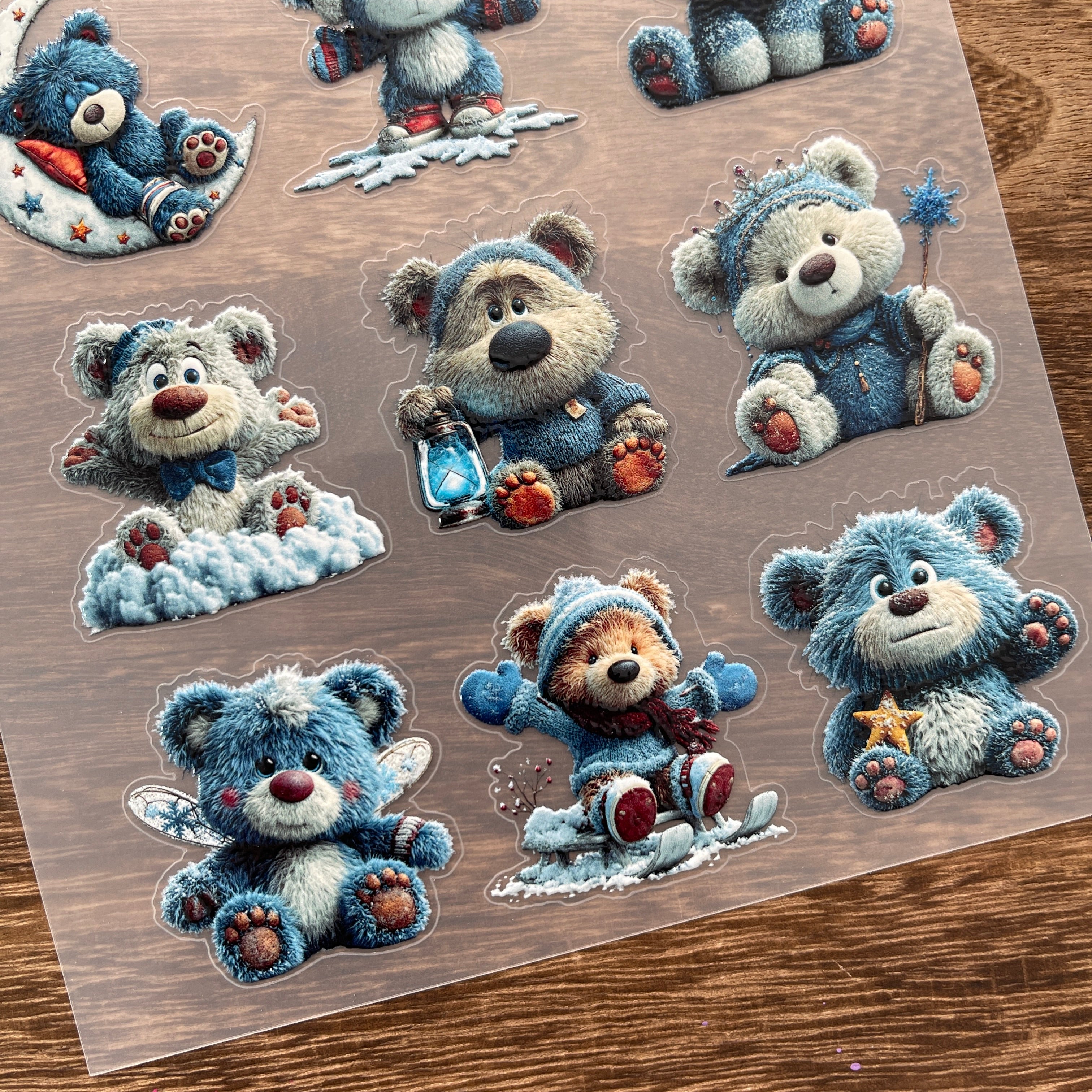 3D Blue plush bear PET Sticker 1 Pcs