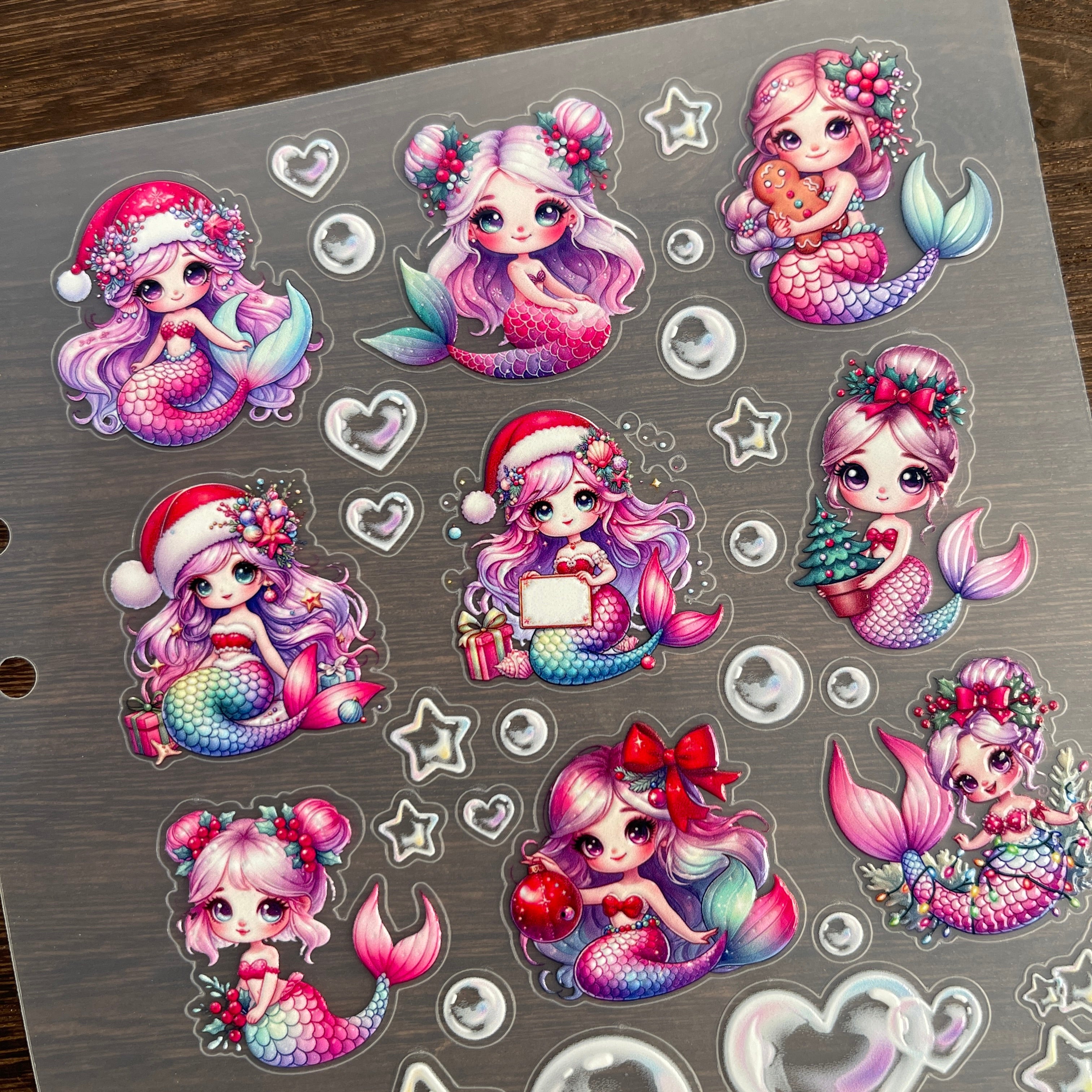 3D Christmas Mermaid and Bubbles PET Sticker 1 Pcs